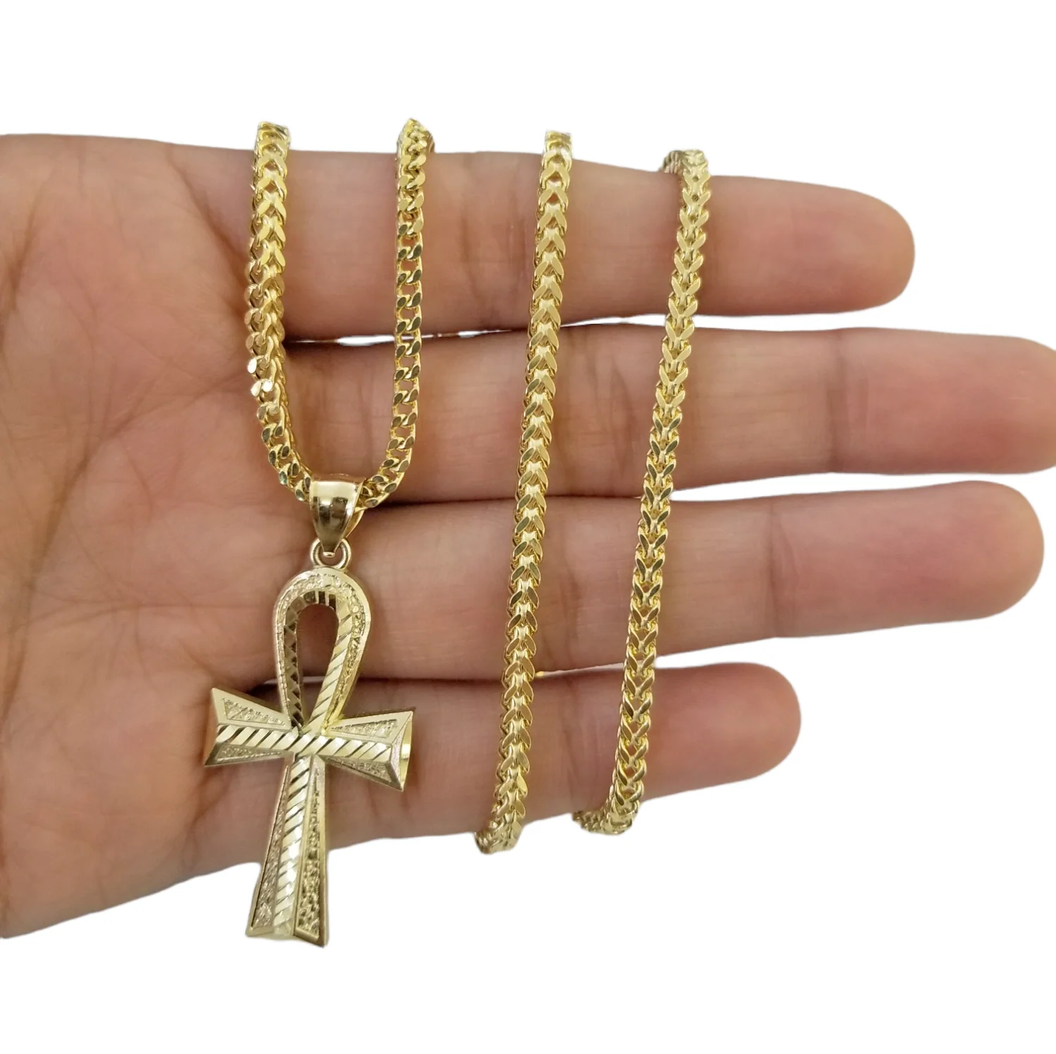 10K Gold Ankh Cross Egyptian Symbol Pendant Charm 4mm Franco Chain 22 Inch - Image 2