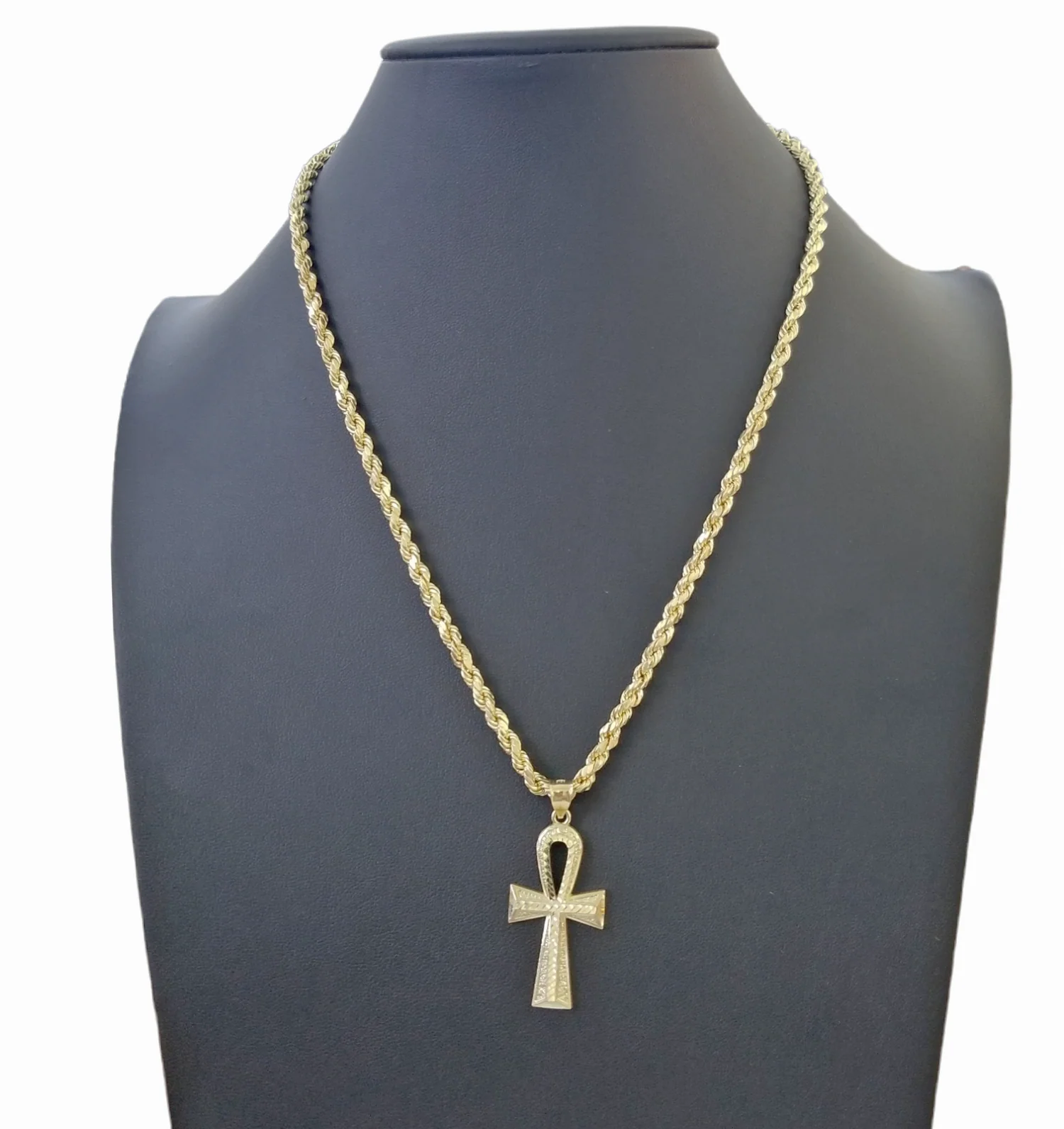 10K Gold Ankh Cross Egyptian Symbol Pendant Charm 4mm Rope Chain 20" Inch - Image 2