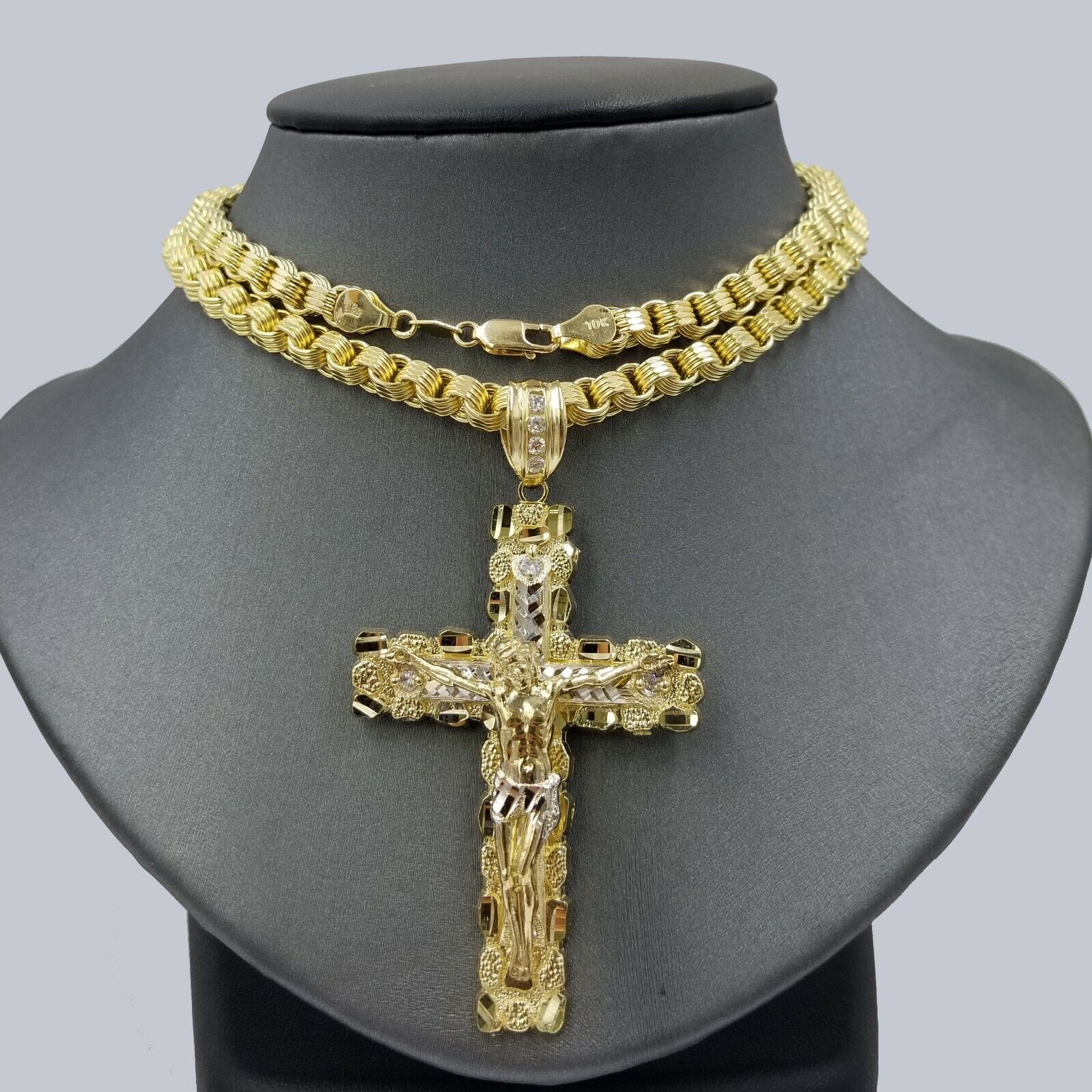 10k Gold Byzantine 24" Necklace Jesus Nugget Cross Pendant 3" Charm 5mm Chain - Image 2
