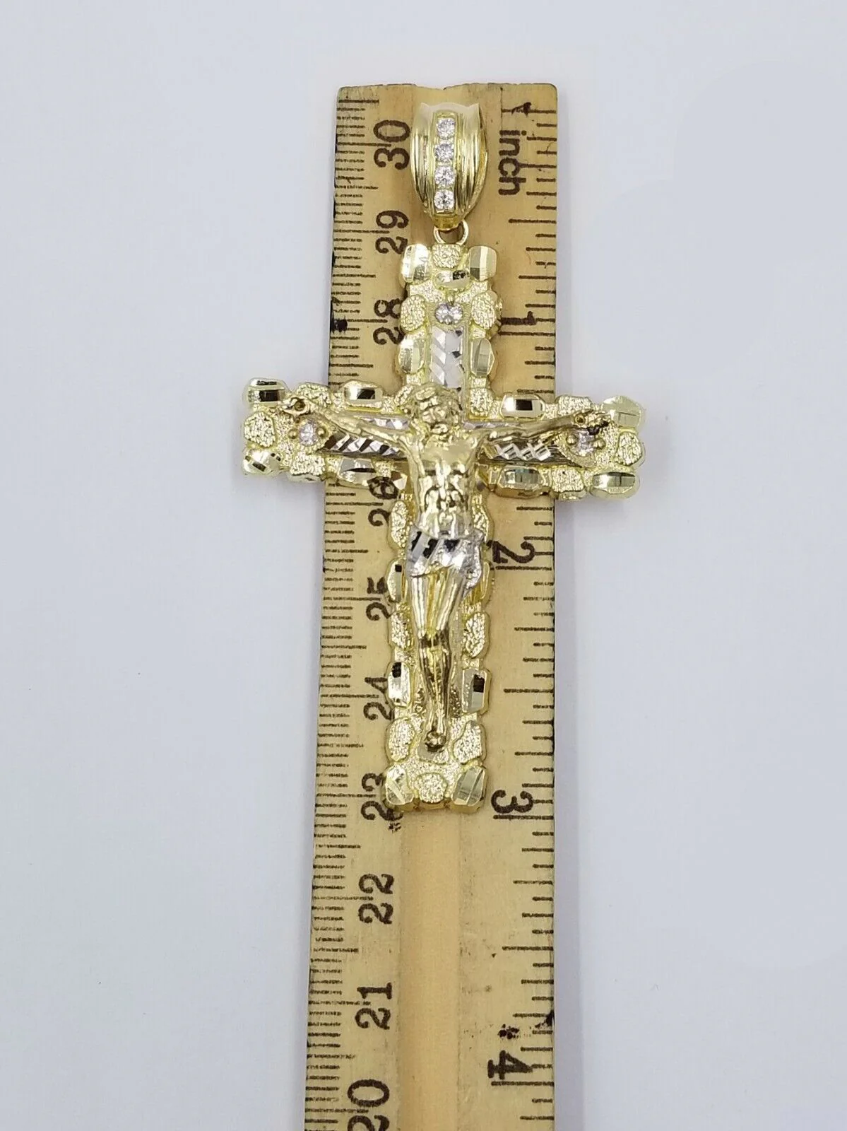 10k Gold Byzantine 24" Necklace Jesus Nugget Cross Pendant 3" Charm 5mm Chain - Image 3