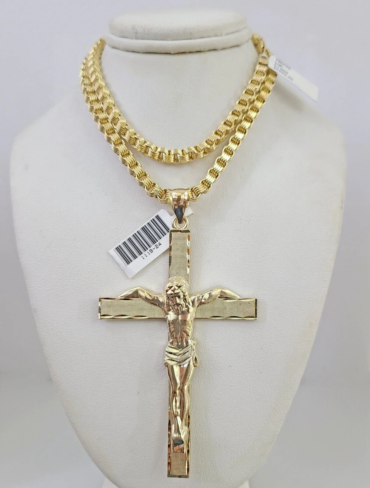 10k Gold Byzantine Box Necklace Jesus Cross Pendant Charm 20"-30" SET 4mm Chain