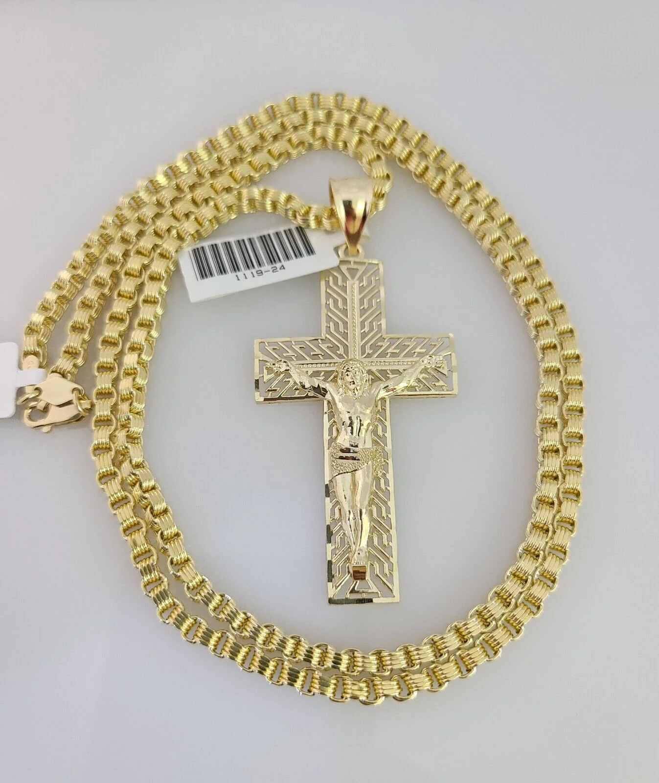 10k Gold Byzantine Chain Necklace Cross Charm Pendant SET REAL 10kt 3mm