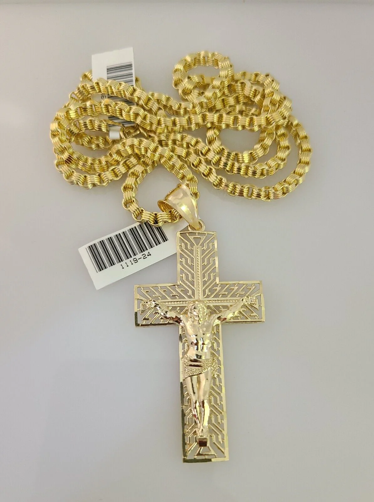10k Gold Byzantine Chain Necklace Cross Charm Pendant SET REAL 10kt 3mm - Image 4