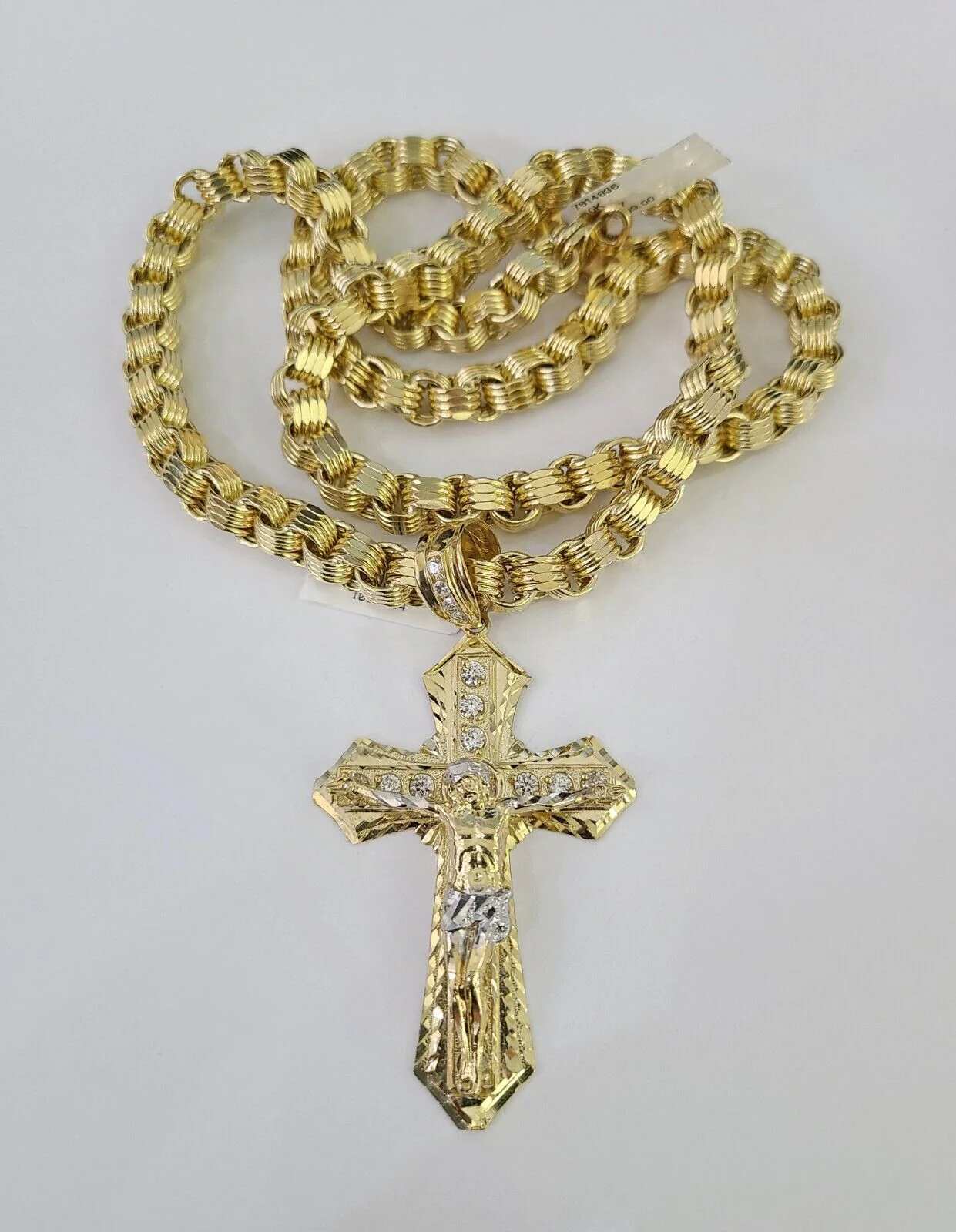 10k Gold Byzantine Chain Necklace Jesus Cross Pendant Charm SET 20"-30" 7.5mm - Image 4