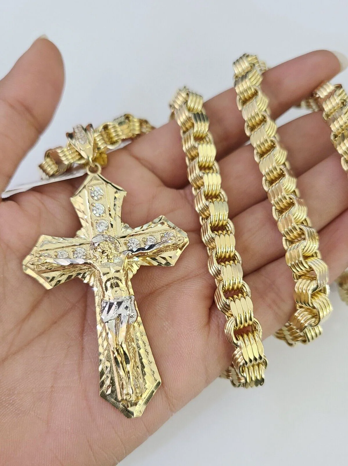 10k Gold Byzantine Chain Necklace Jesus Cross Pendant Charm SET 20"-30" 7.5mm - Image 8