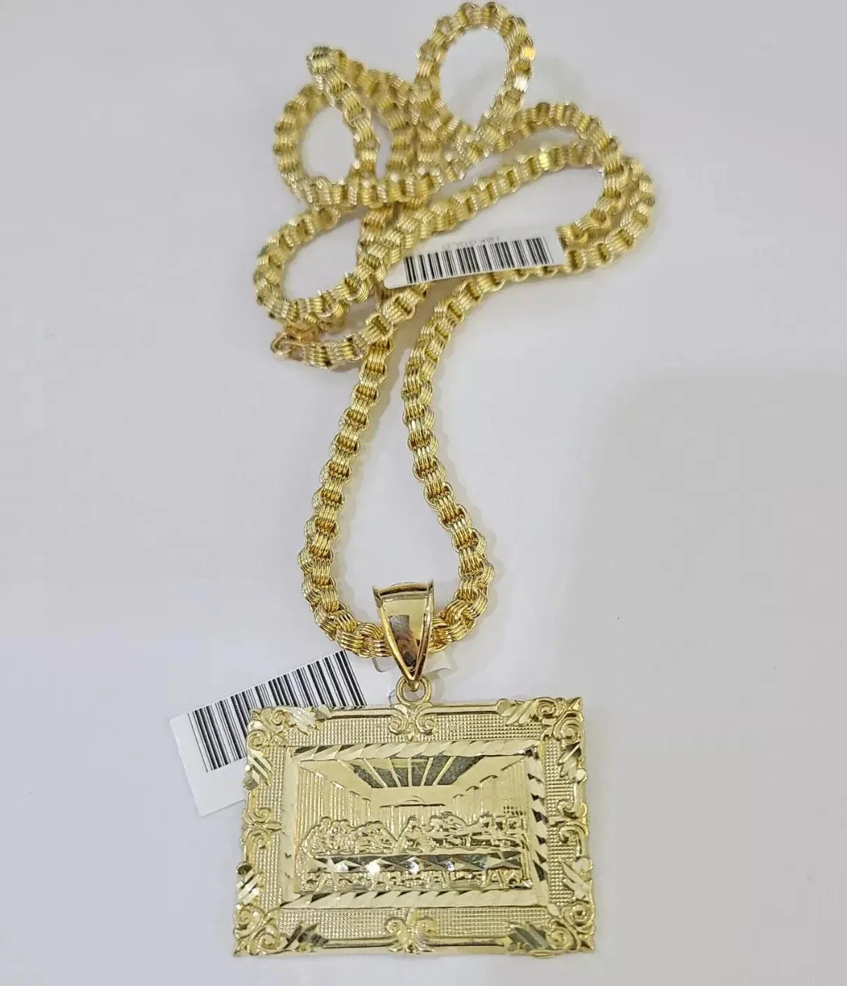 10k Gold Byzantine Chain Necklace Last supper charm Pendant SET REAL 10kt Men's - Image 4
