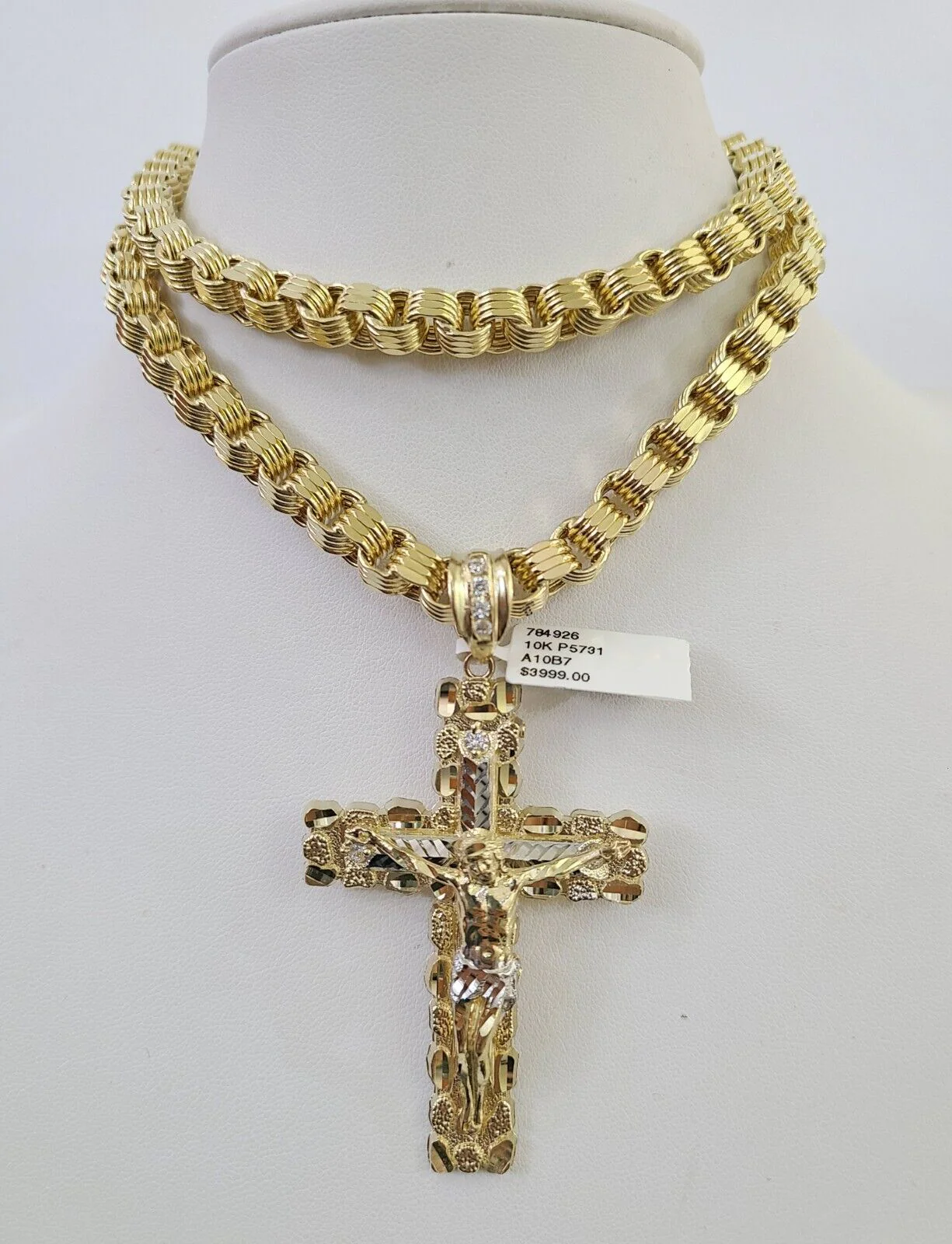 10k Gold Byzantine Chain Necklace Nugget Cross Pendant Charm SET 20"-30" 7.5mm - Image 3