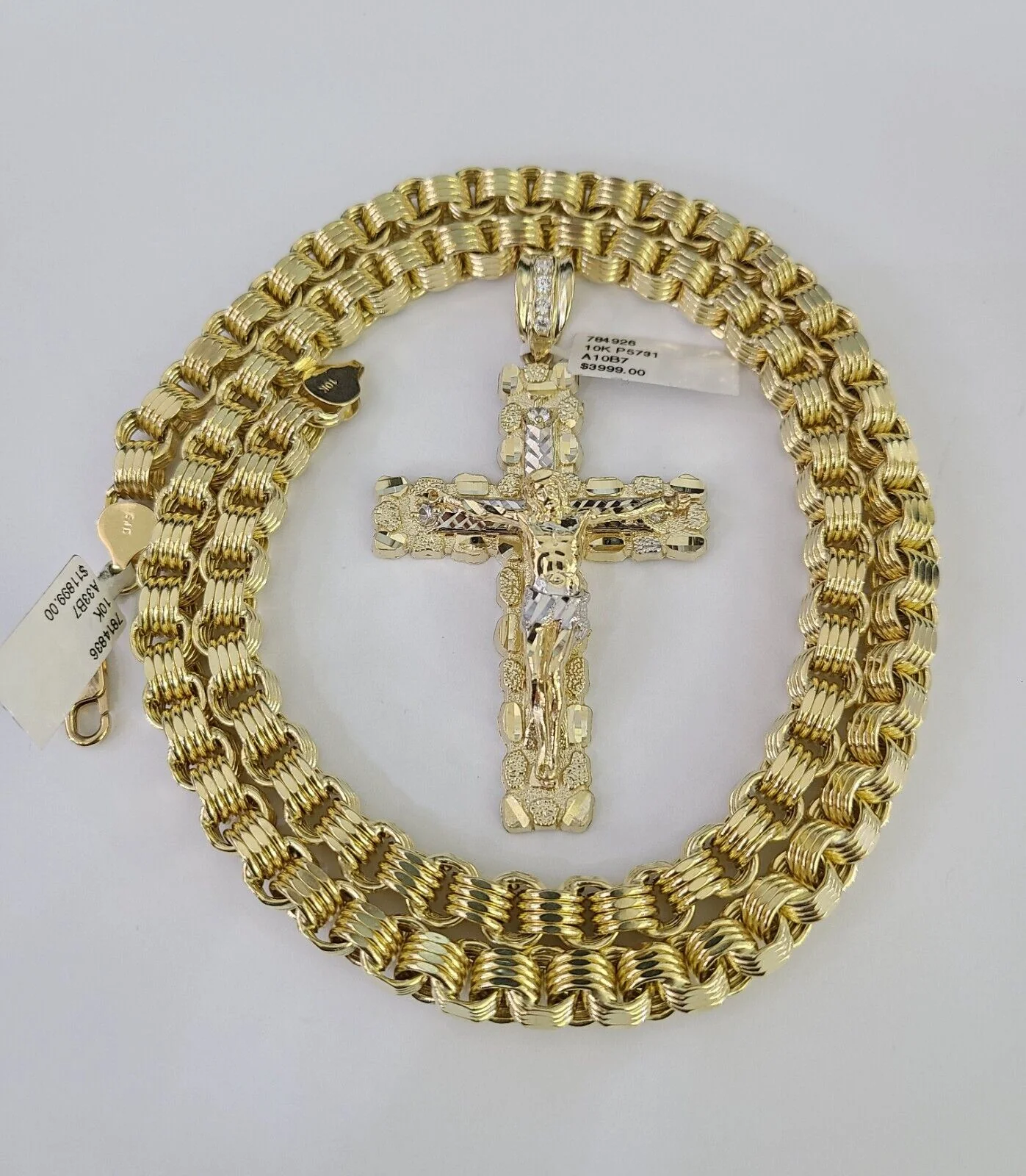 10k Gold Byzantine Chain Necklace Nugget Cross Pendant Charm SET 20"-30" 7.5mm - Image 5