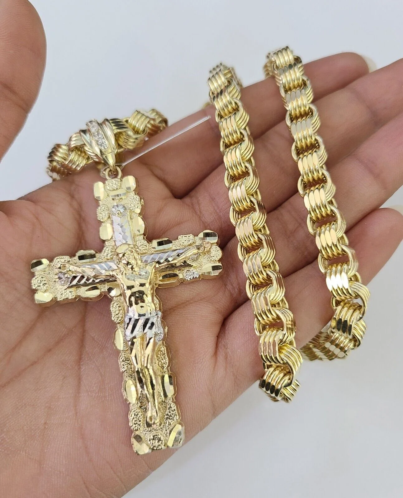 10k Gold Byzantine Chain Necklace Nugget Cross Pendant Charm SET 20"-30" 7.5mm - Image 6