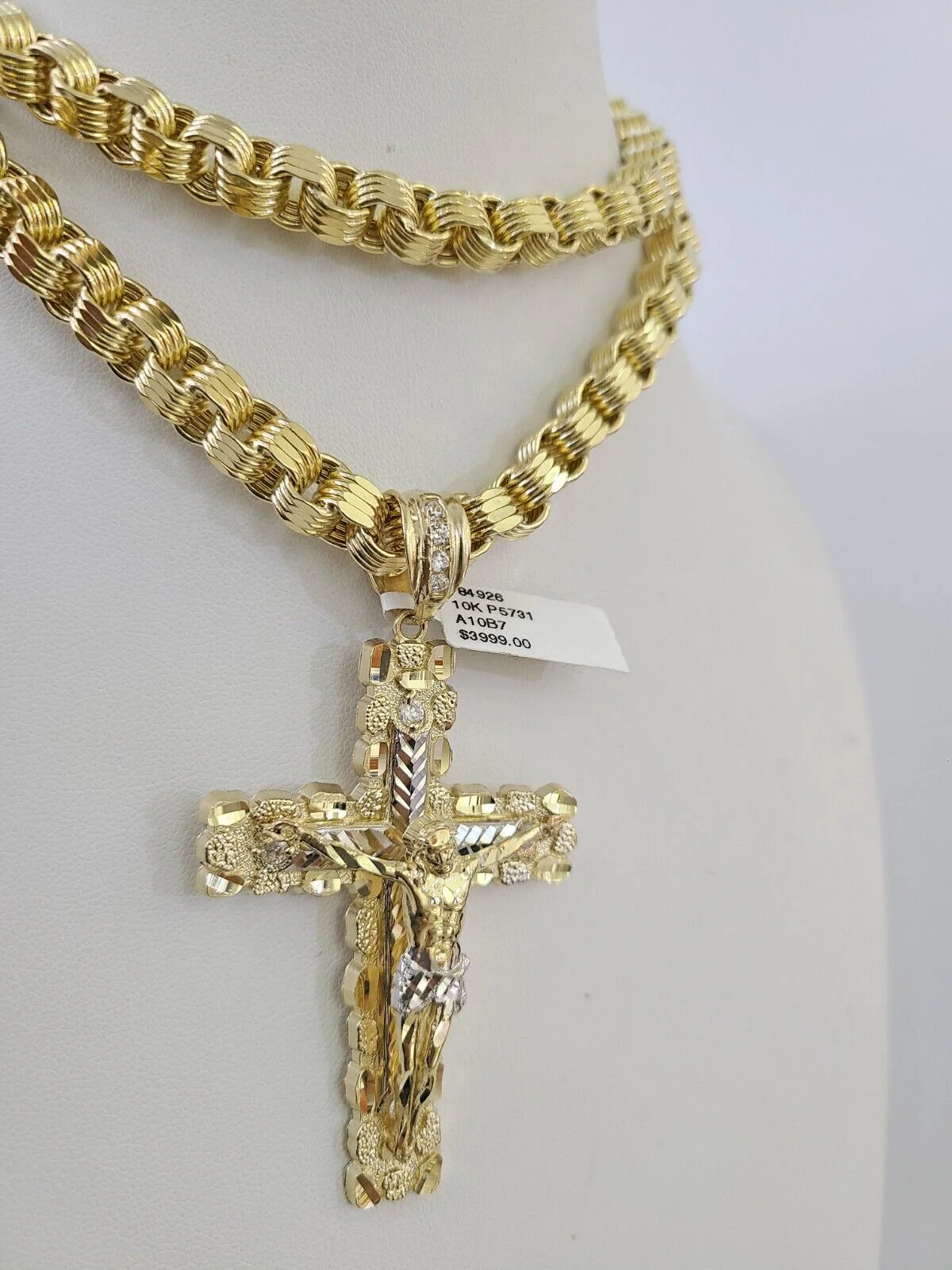 10k Gold Byzantine Chain Necklace Nugget Cross Pendant Charm SET 20"-30" 7.5mm - Image 9