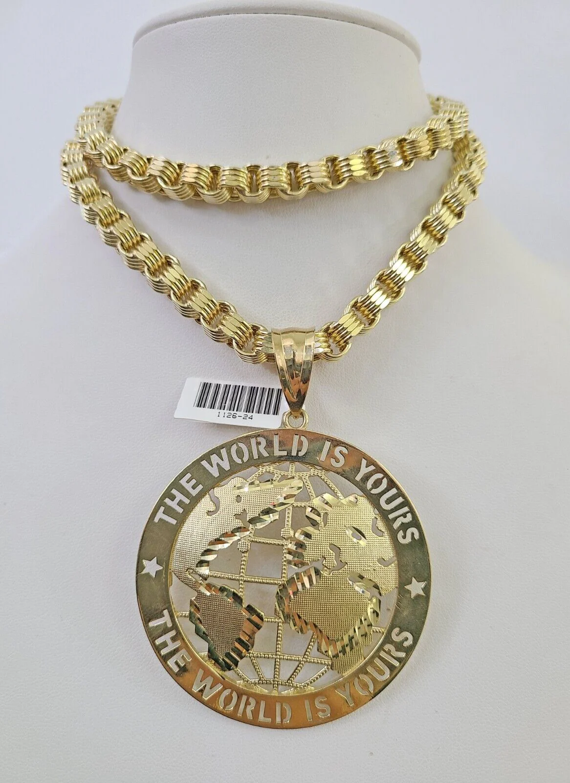 10k Gold Byzantine Chain Necklace World is Yours Pendant Charm SET 20"-30" 7.5mm - Image 3