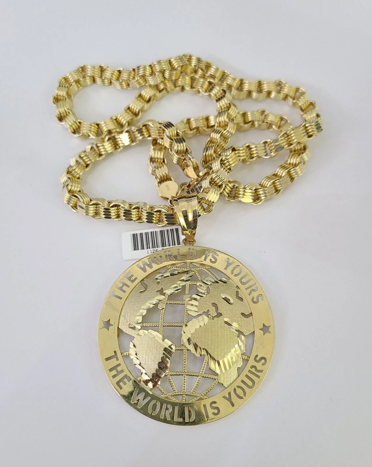 10k Gold Byzantine Chain Necklace World is Yours Pendant Charm SET 20"-30" 7.5mm - Image 6