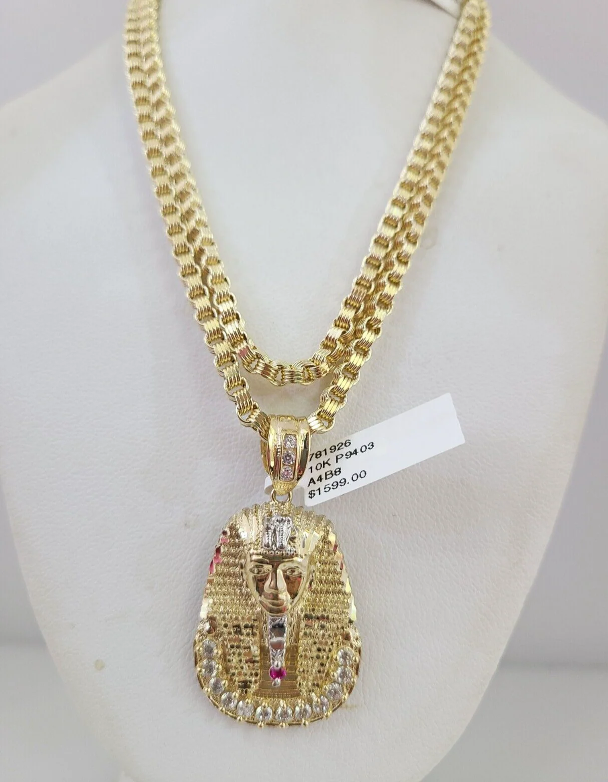 10k Gold Byzantine Chain Pharaoh Head Charm Pendant SET REAL 10kt 3mm 18"-28" - Image 2