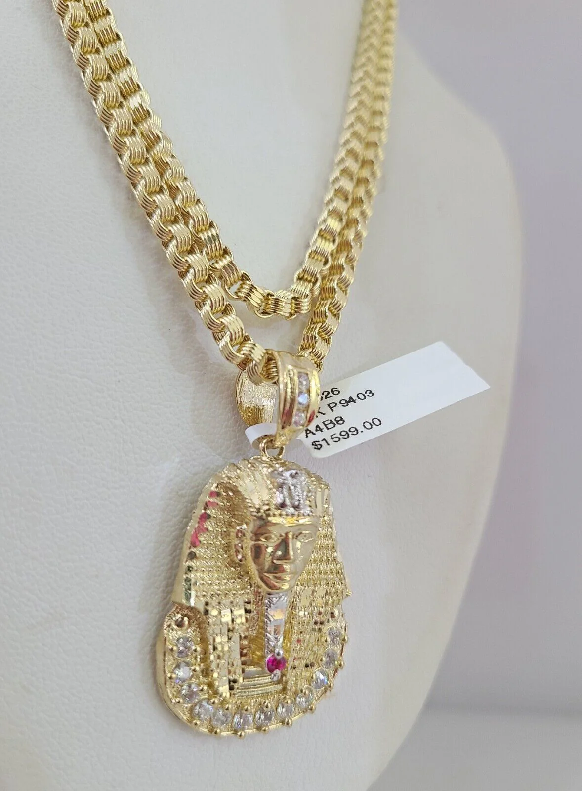 10k Gold Byzantine Chain Pharaoh Head Charm Pendant SET REAL 10kt 3mm 18"-28" - Image 3