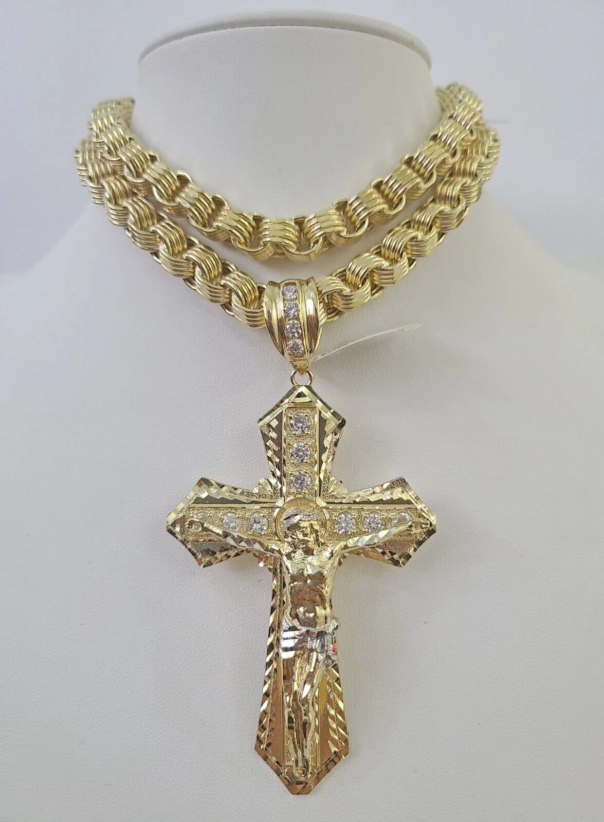 10k Gold Byzantine Necklace Jesus Cross Charm 20-30 inches 9mm REAL SET Chain - Image 2