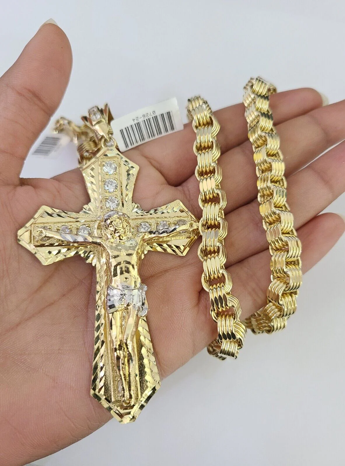 10k Gold Byzantine Necklace Jesus Cross Charm SET Chain 20"-30" 7.5mm Pendant