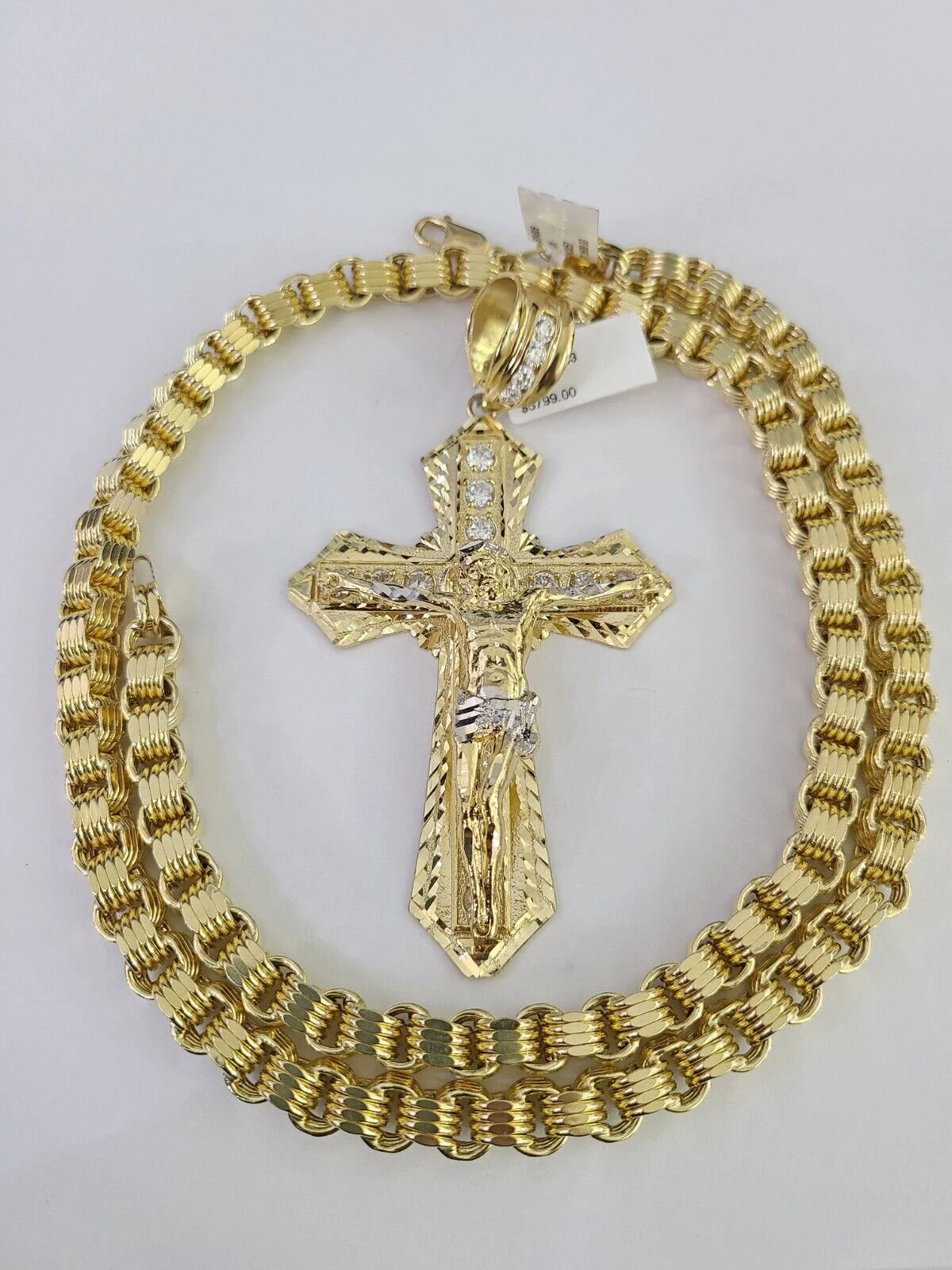 10k Gold Byzantine Necklace Jesus Cross Charm SET Chain 20"-30" 7.5mm Pendant - Image 3