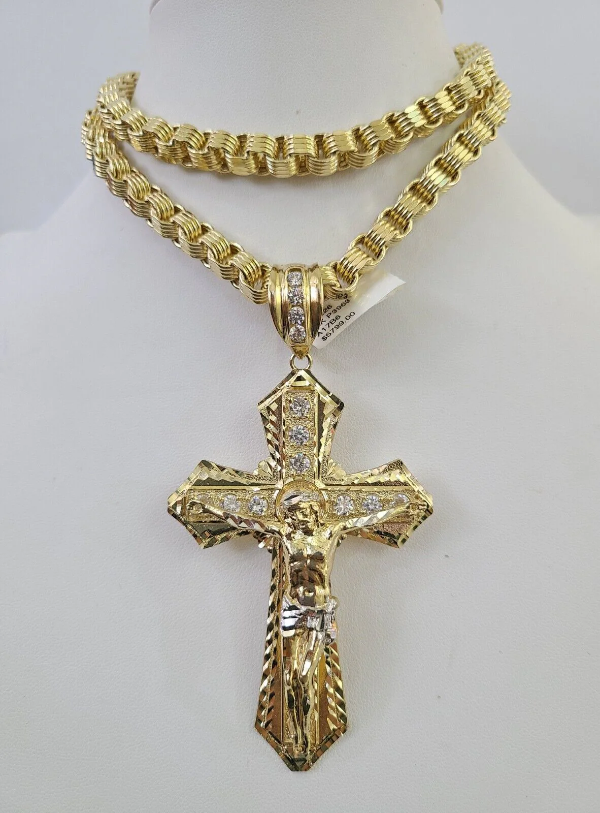 10k Gold Byzantine Necklace Jesus Cross Charm SET Chain 20"-30" 7.5mm Pendant - Image 7