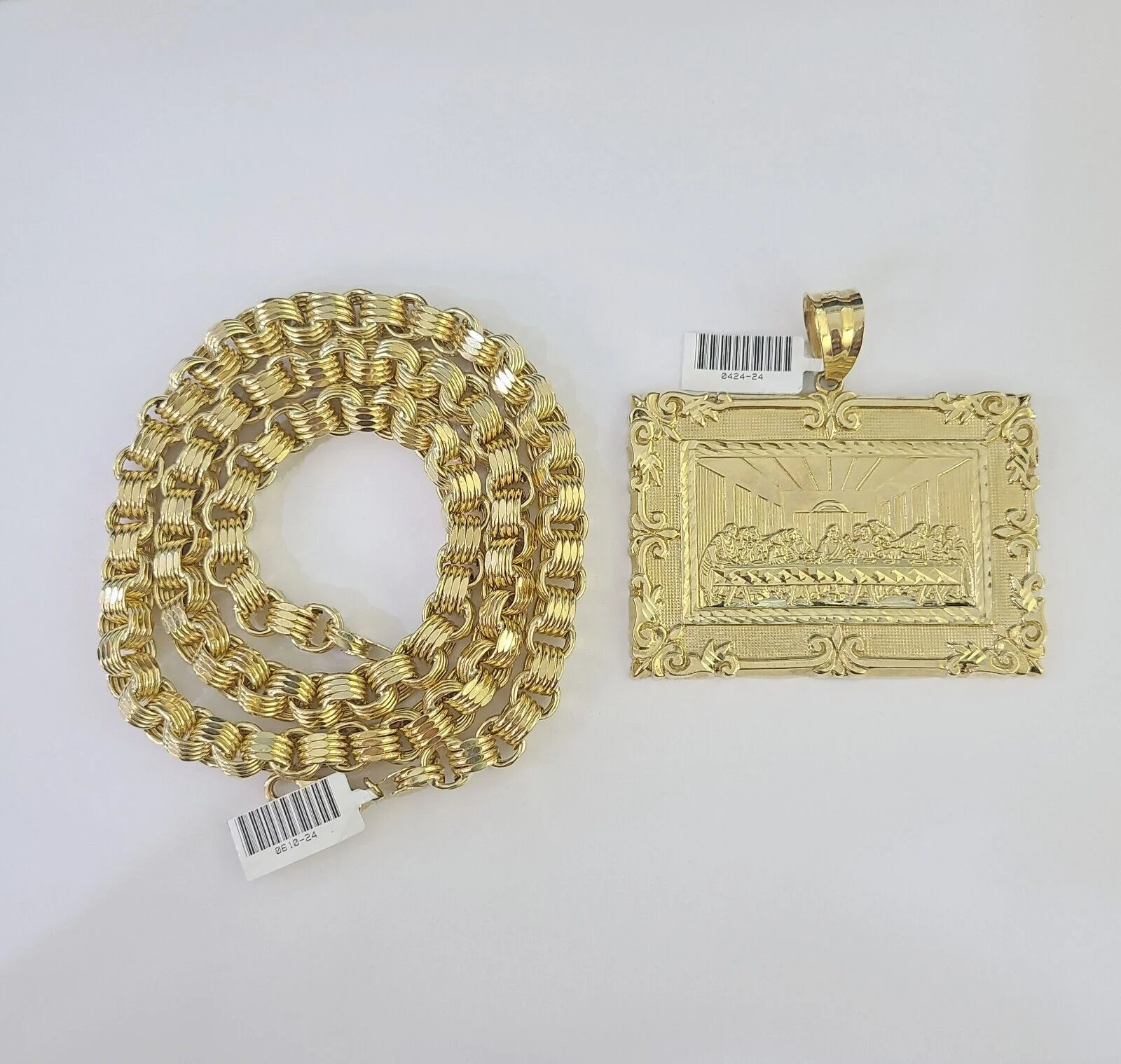 10k Gold Byzantine Necklace Last Supper Charm 20-30 inches 9mm REAL SET Chain - Image 3