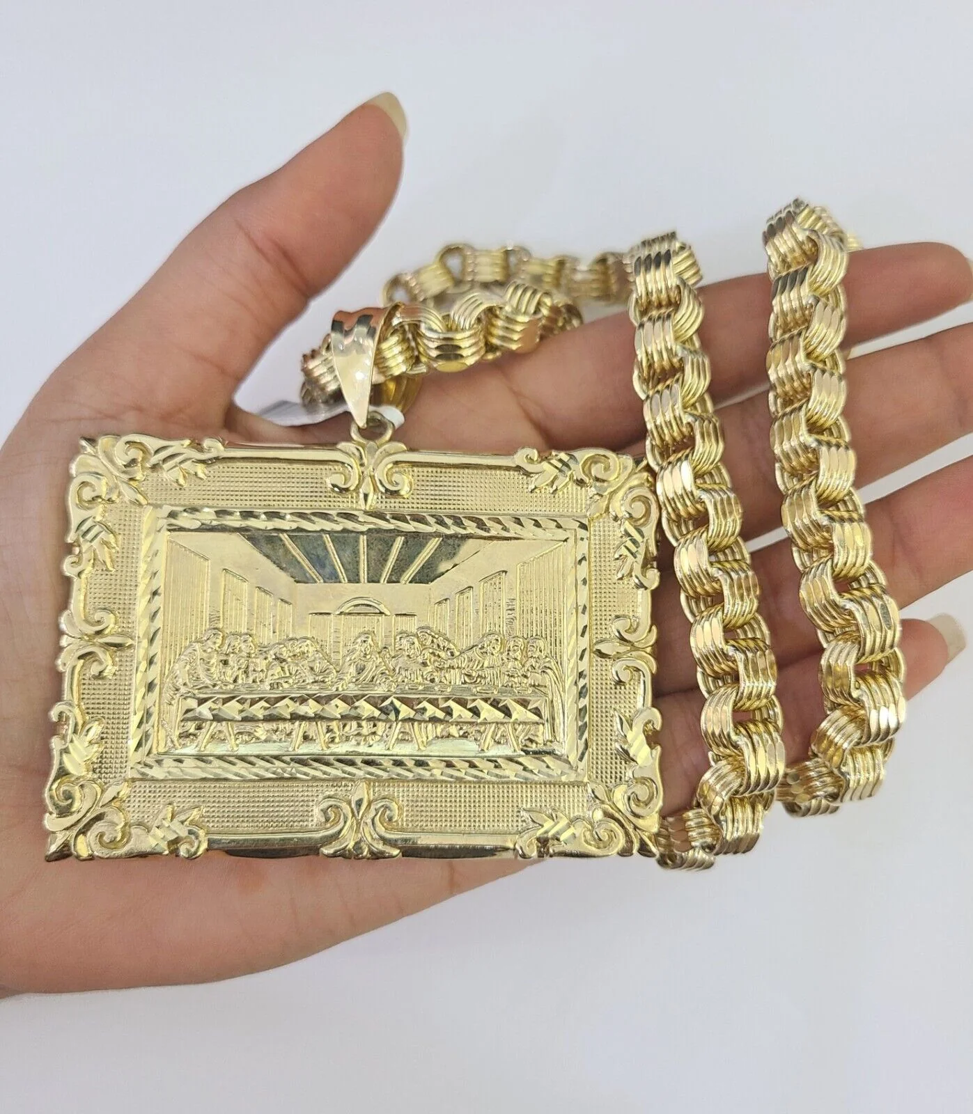 10k Gold Byzantine Necklace Last Supper Charm 20-30 inches 9mm REAL SET Chain - Image 4