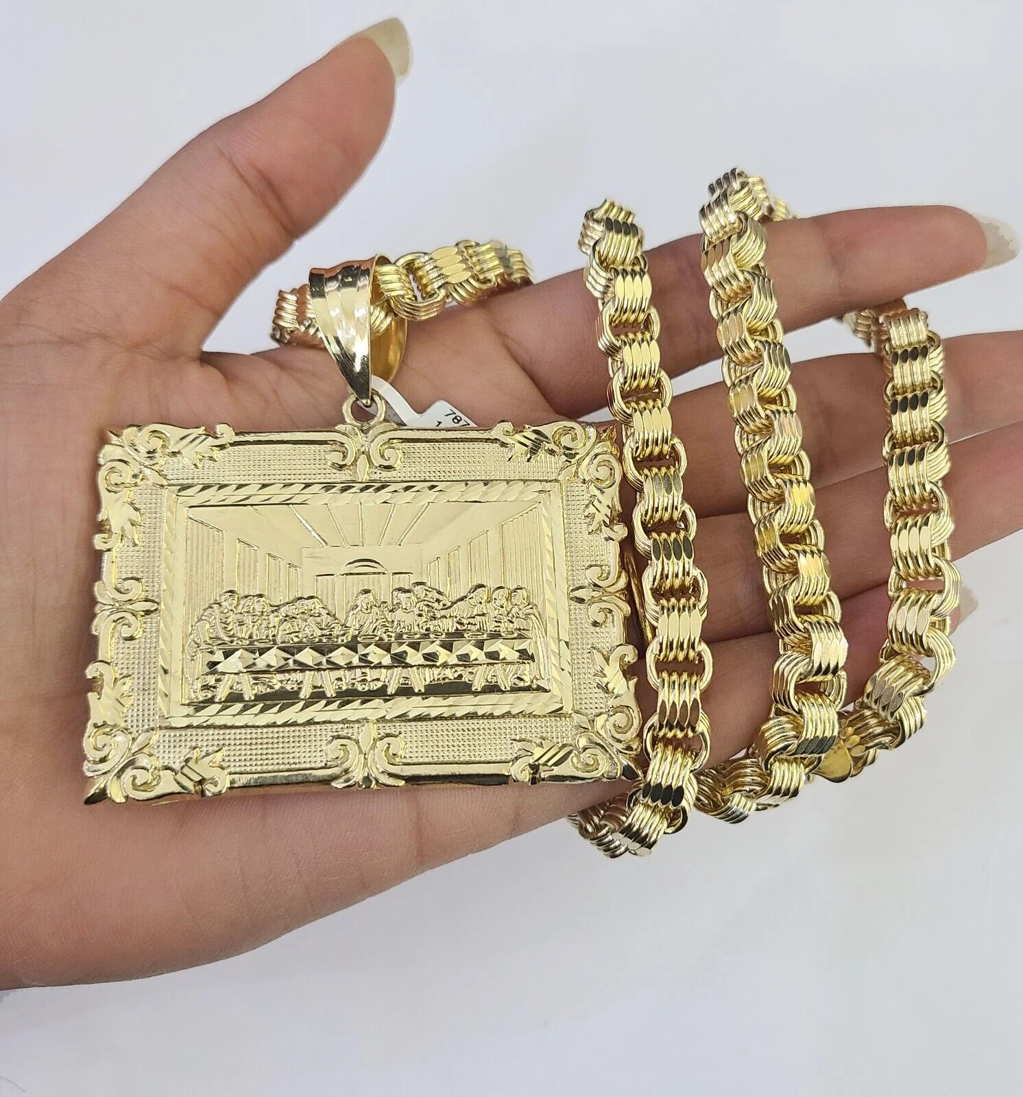 10k Gold Byzantine Necklace Last Supper Charm Pendant 20"-30" 8mm REAL SET Chain - Image 2