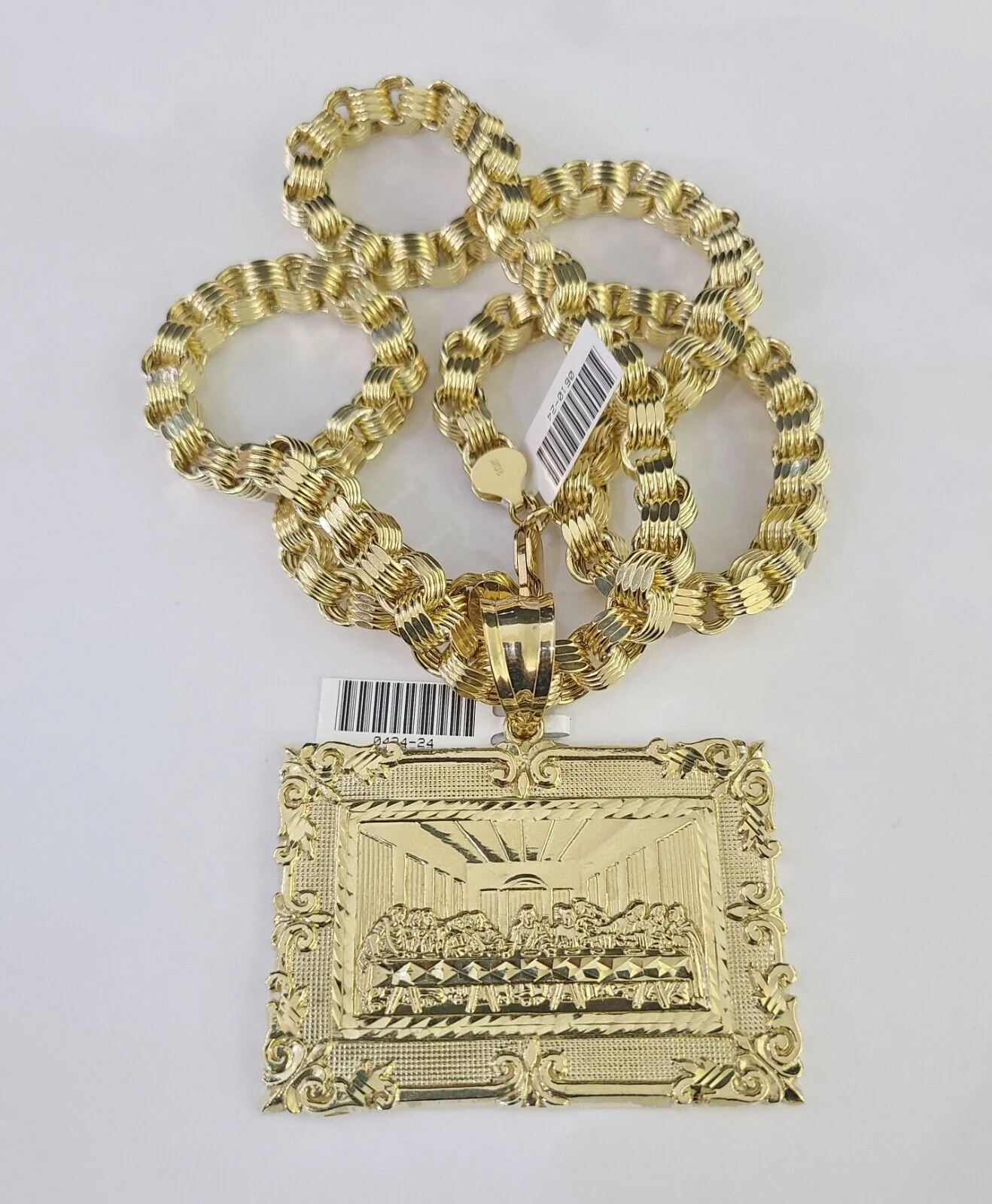 10k Gold Byzantine Necklace Last Supper Charm Pendant 20"-30" 8mm REAL SET Chain - Image 3