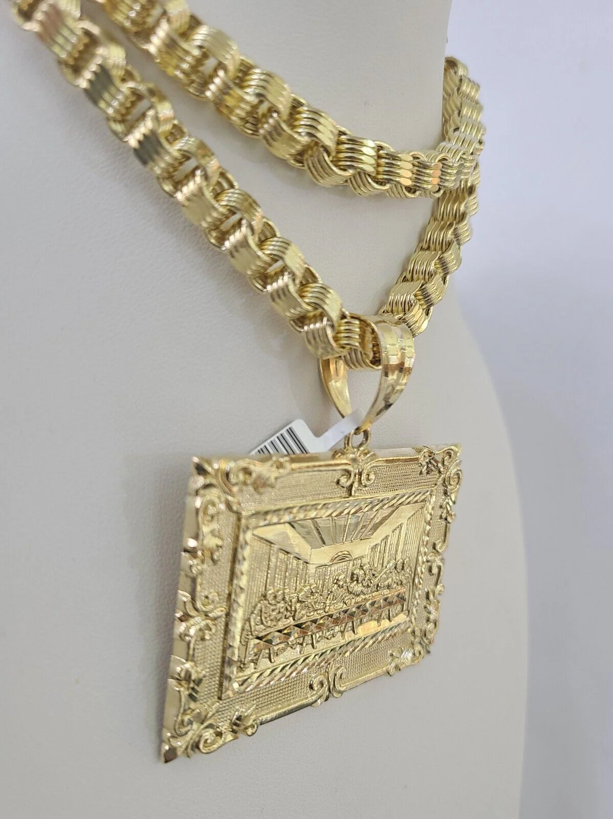 10k Gold Byzantine Necklace Last Supper Charm Pendant 20"-30" 8mm REAL SET Chain - Image 5