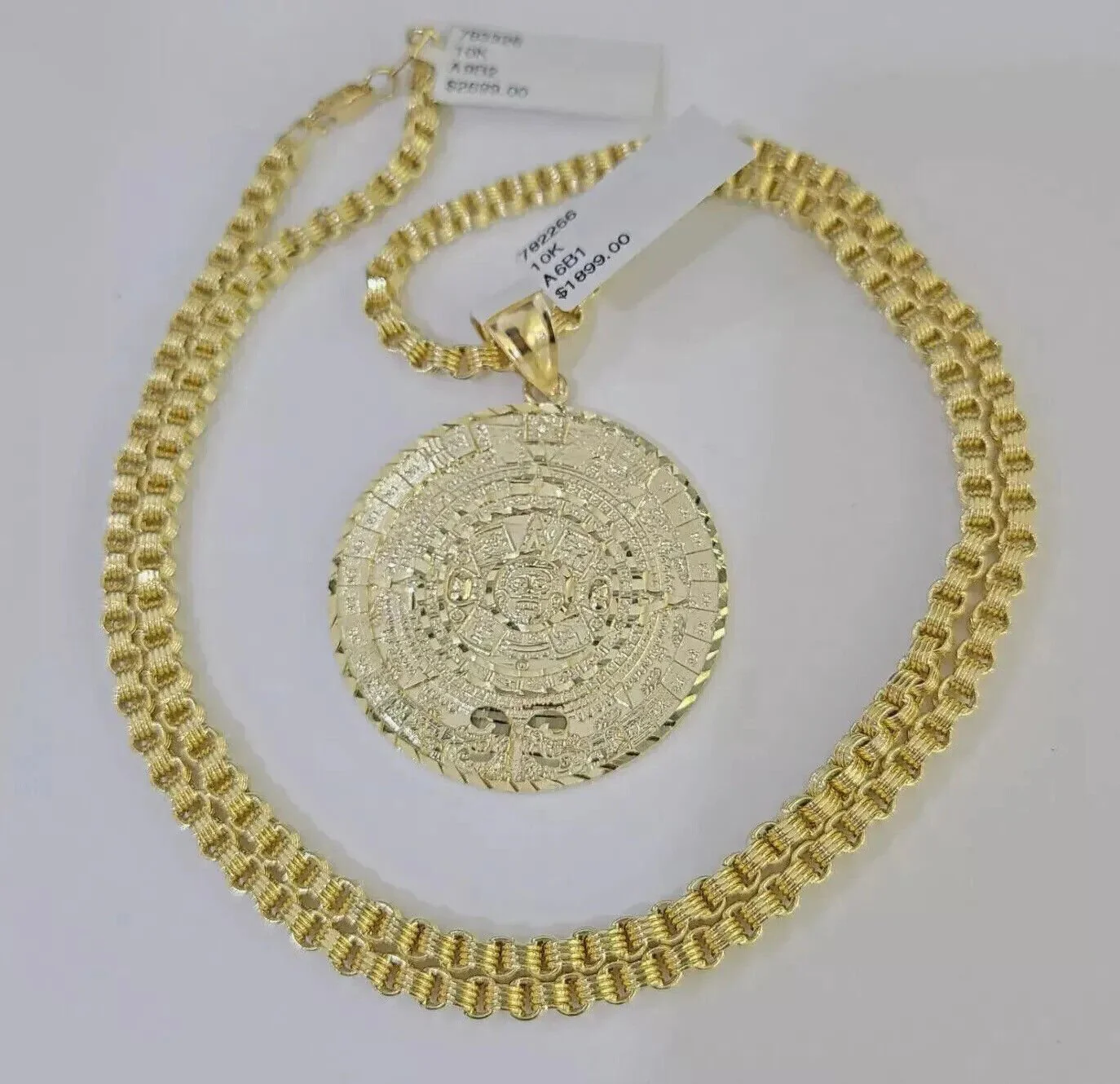 10k Gold Byzantine Chain Necklace Mayan Calendar charm Pendant REAL 10kt Men's SET - Image 2