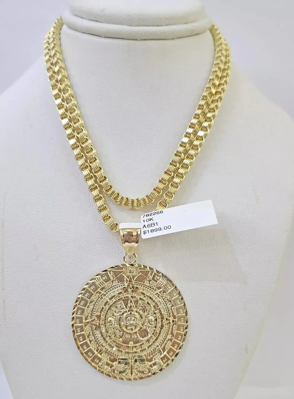 10k Gold Byzantine Chain Necklace Mayan Calendar charm Pendant REAL 10kt Men's SET - Image 3