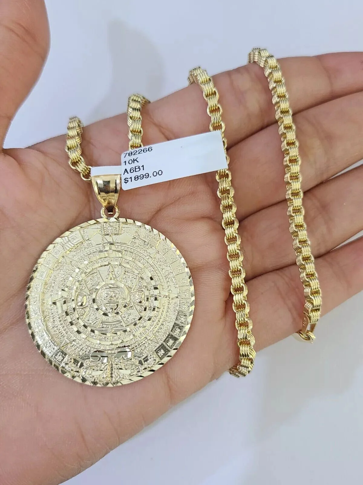 10k Gold Byzantine Chain Necklace Mayan Calendar charm Pendant REAL 10kt Men's SET - Image 4