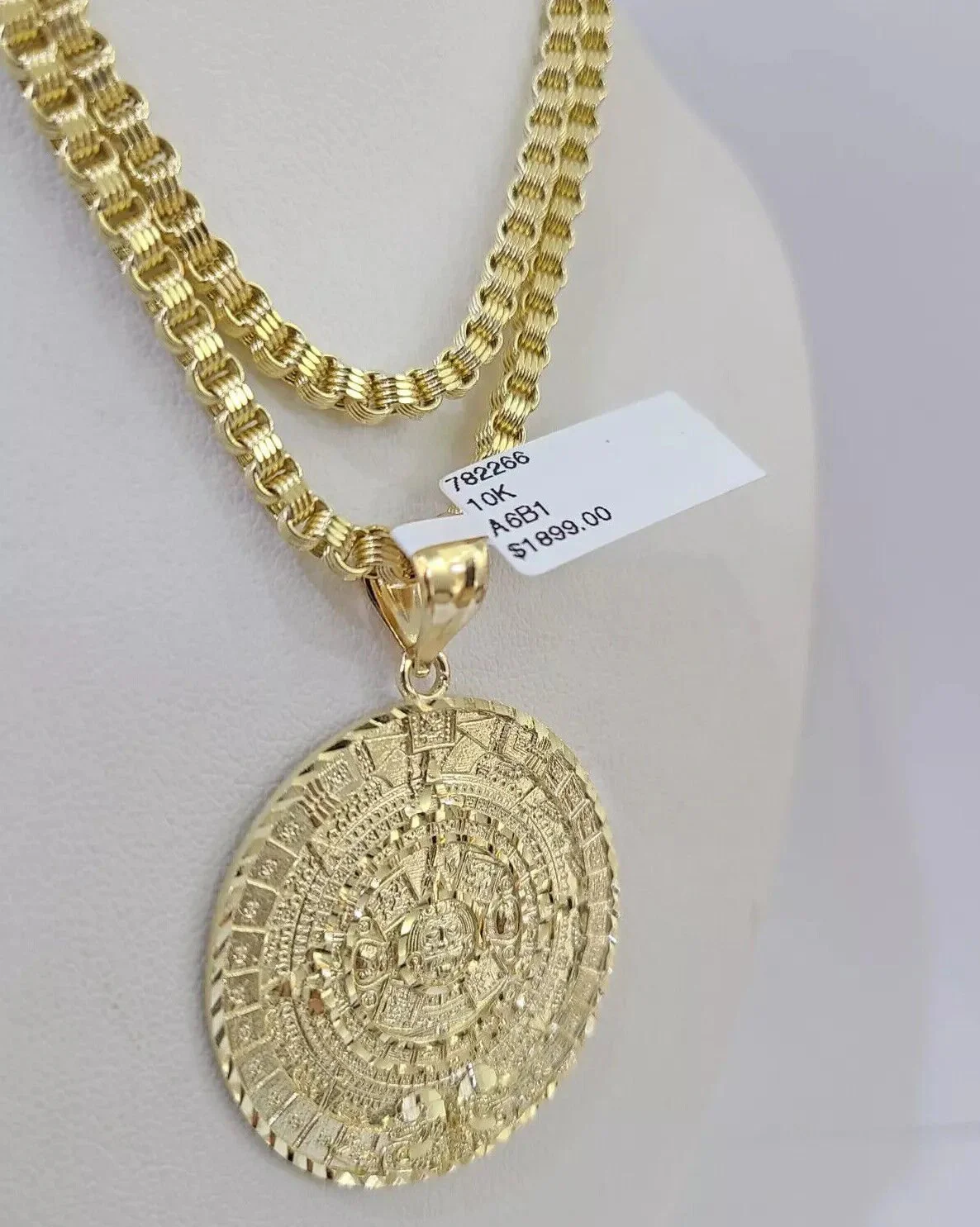10k Gold Byzantine Chain Necklace Mayan Calendar charm Pendant REAL 10kt Men's SET - Image 5