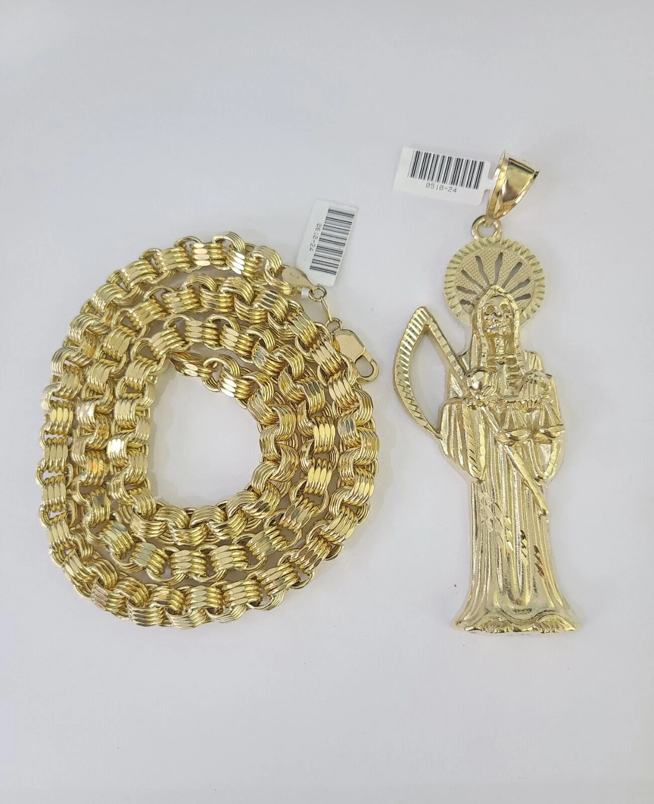 10k Gold Byzantine Necklace Reaper Charm 20-30 inches 9mm REAL SET Chain - Image 3