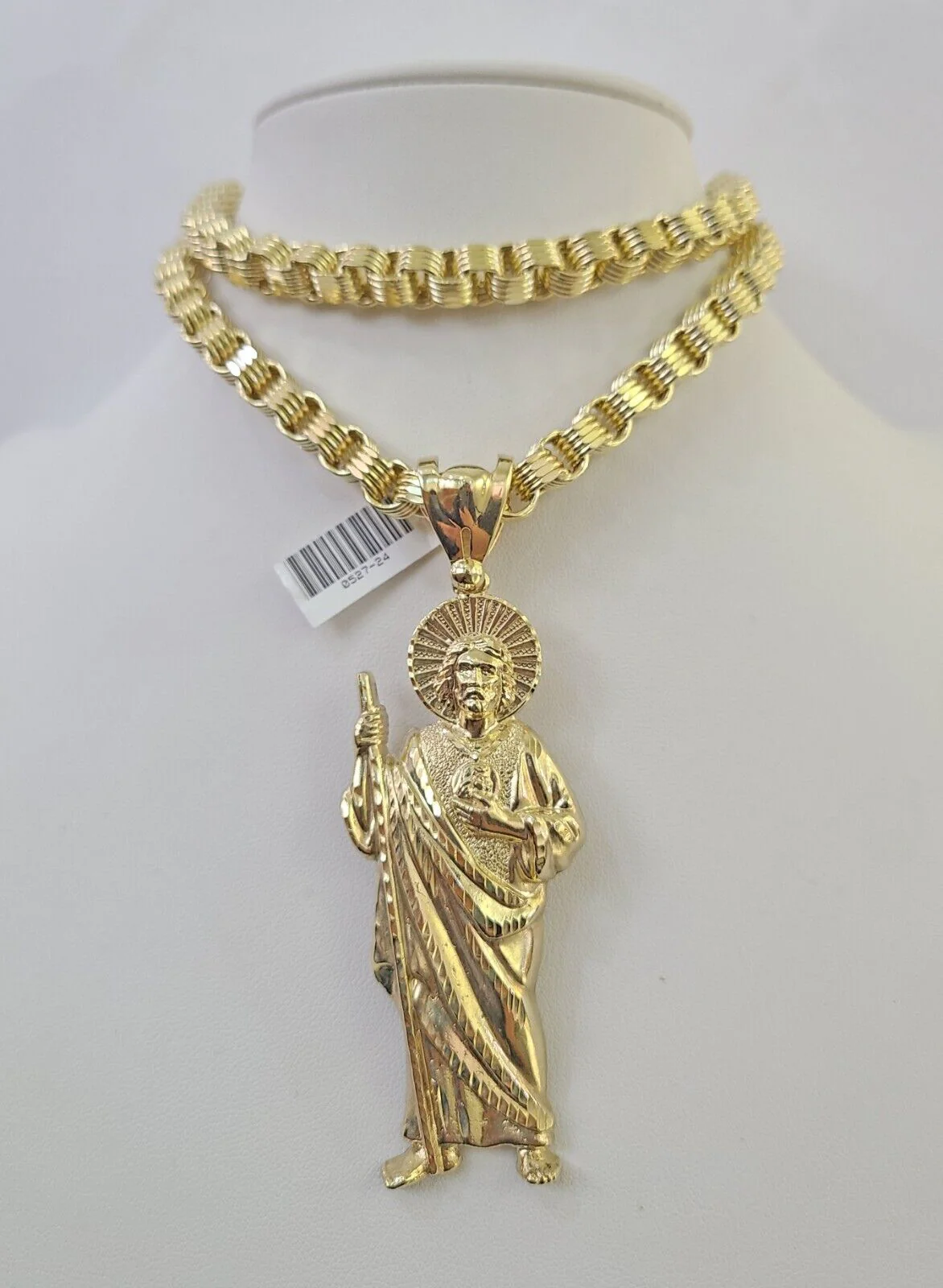10k Gold Byzantine Necklace Saint Jude Charm Pendant 20"-30" 8mm SET Chain - Image 2