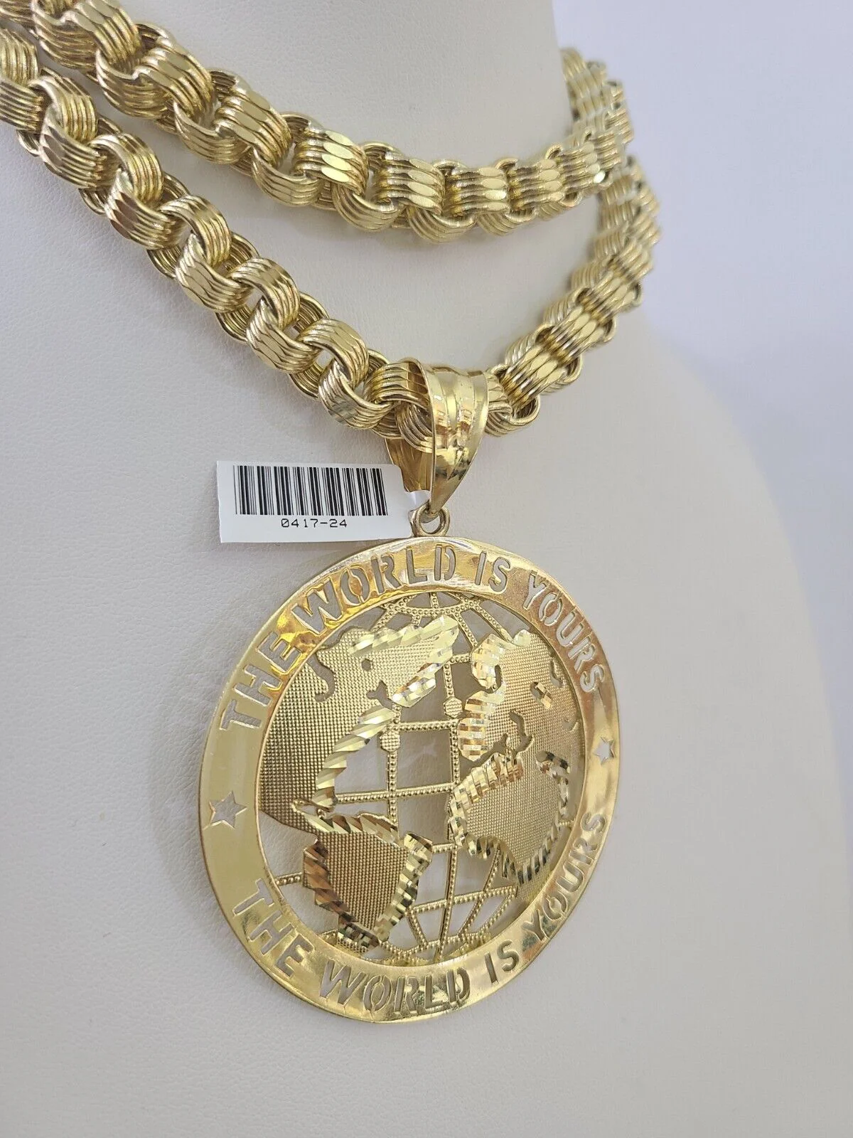 10k Gold Byzantine Necklace World is Yours Charm 20-30 inches 9mm REAL SET Chain - Image 2