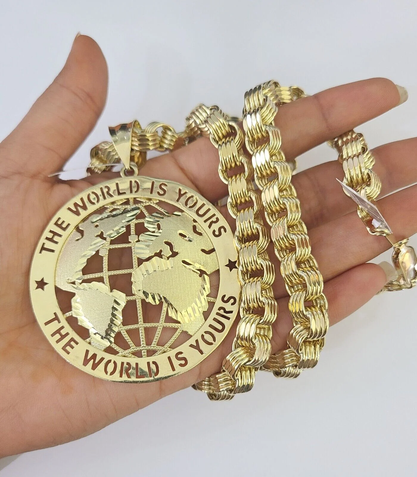 10k Gold Byzantine Necklace World is Yours Charm 20-30 inches 9mm REAL SET Chain - Image 5