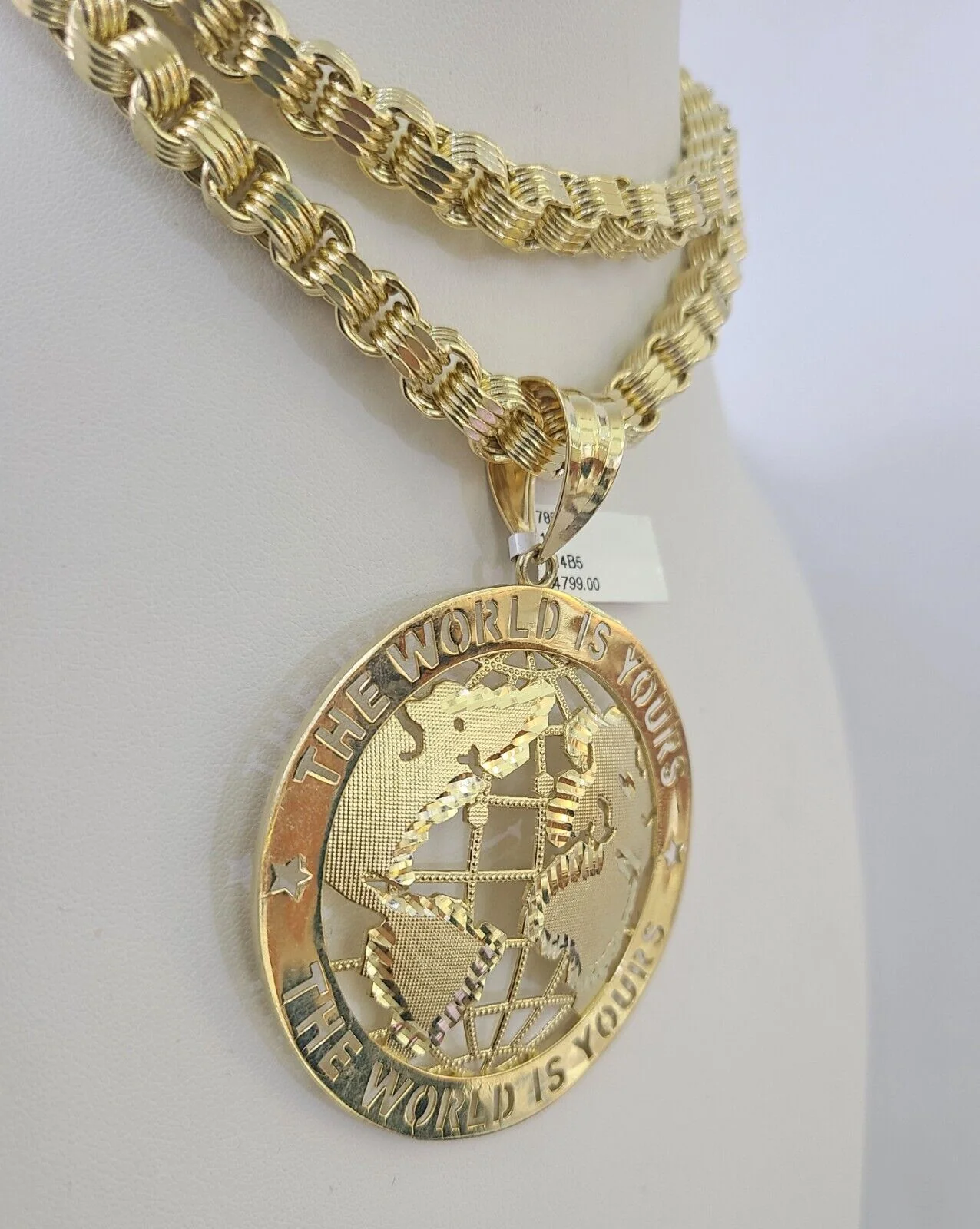 10k Gold Byzantine Necklace World is Yours Charm Pendant 20"-30" 8mm SET Chain - Image 5
