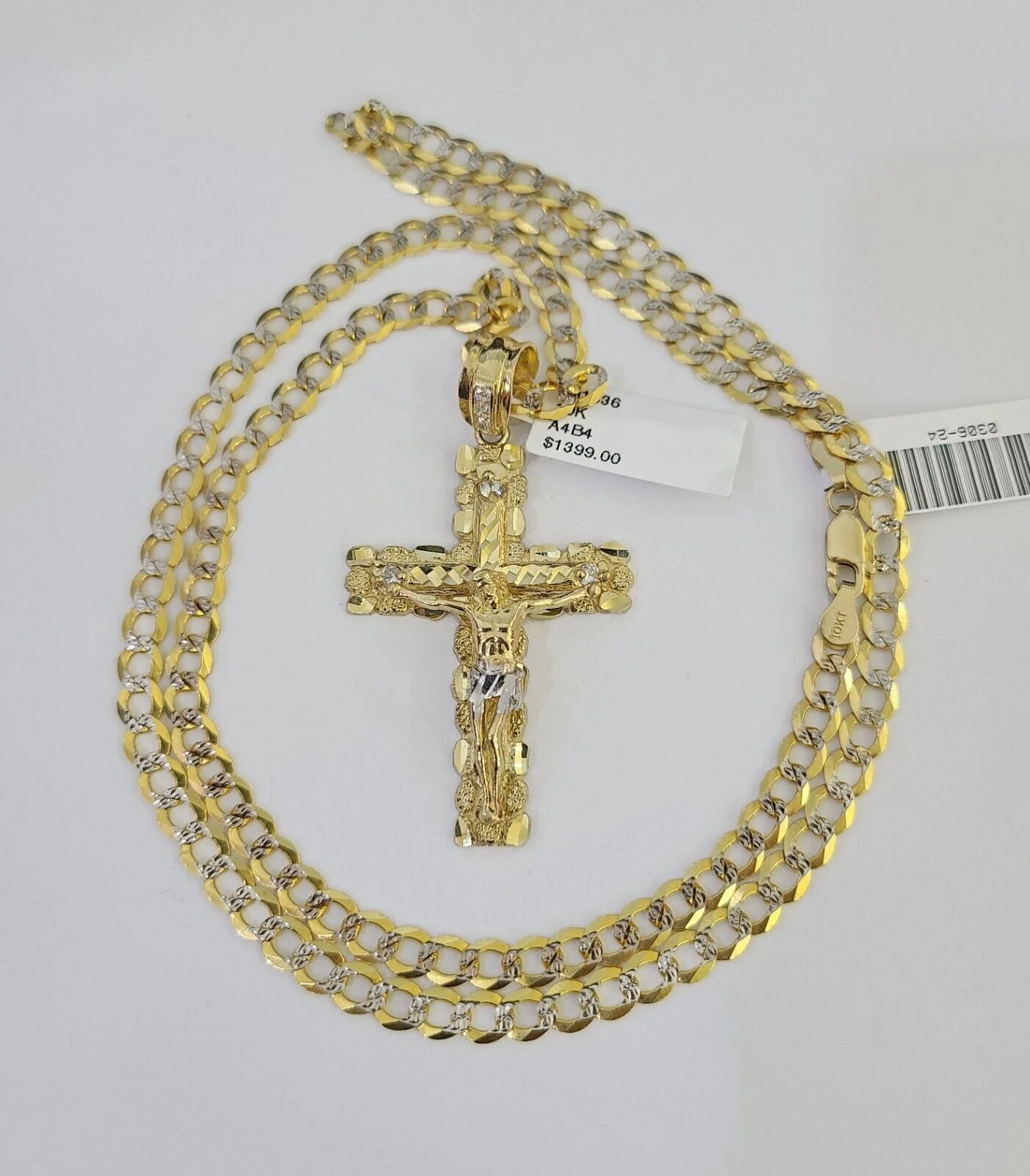 Real 10k Gold Chain Cross Charm Solid Cuban Curb Link 5mm 18"-28" Diamond Cut SET - Image 2