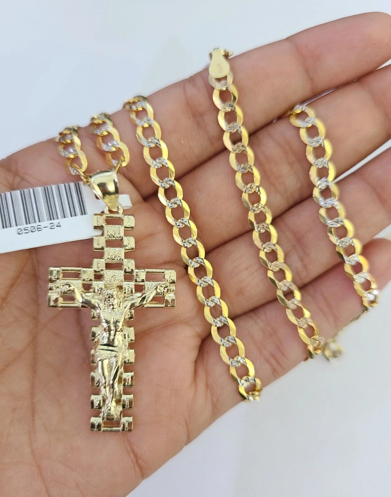 10k Gold Chain Cross Charm Solid Cuban Curb Link 5mm 18"-28" Inch DiamondCut SET - Image 2