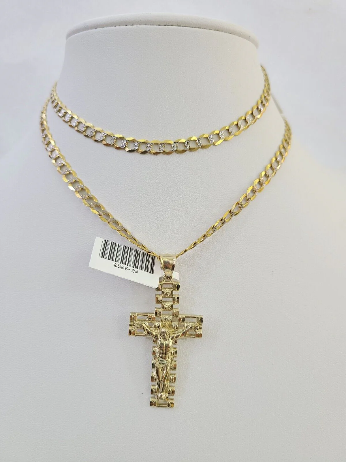 10k Gold Chain Cross Charm Solid Cuban Curb Link 5mm 18"-28" Inch DiamondCut SET - Image 3