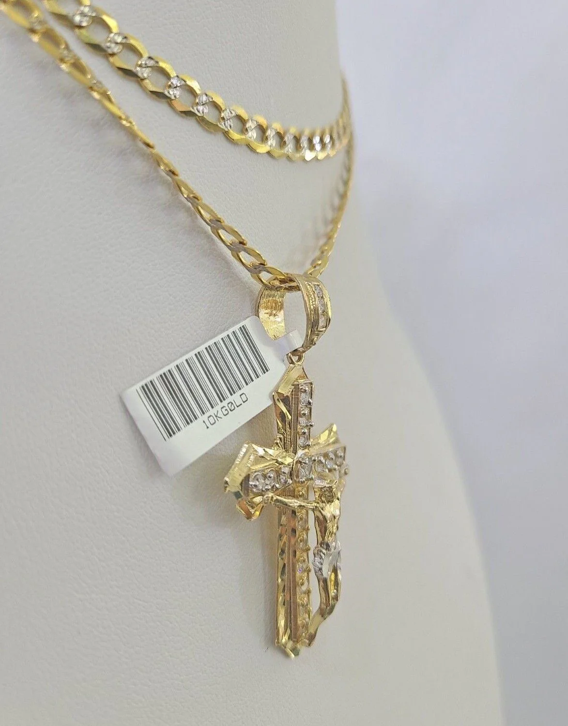 10k Gold Chain Cross Charm Solid Cuban Curb Link 5mm 18"-28" Inch Diamond Cut SET - Image 2