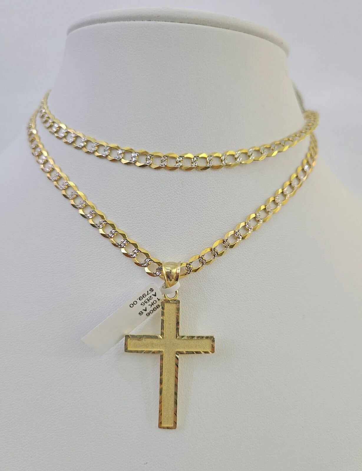 10k Gold Chain Cross Charm Solid Cuban Curb Link 5mm 18"-28" Inch DiamondCut SET - Image 2