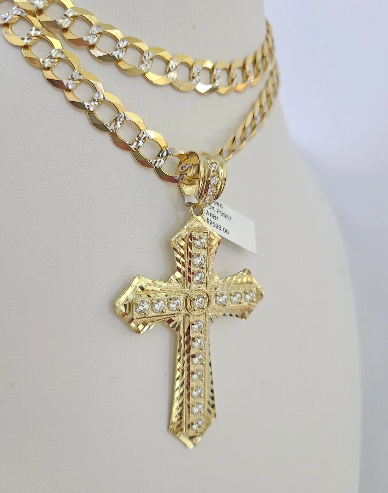 10k Gold Chain Cross Charm Solid Cuban Curb Necklace 9mm 20"-30" Diamond Cut SET - Image 2