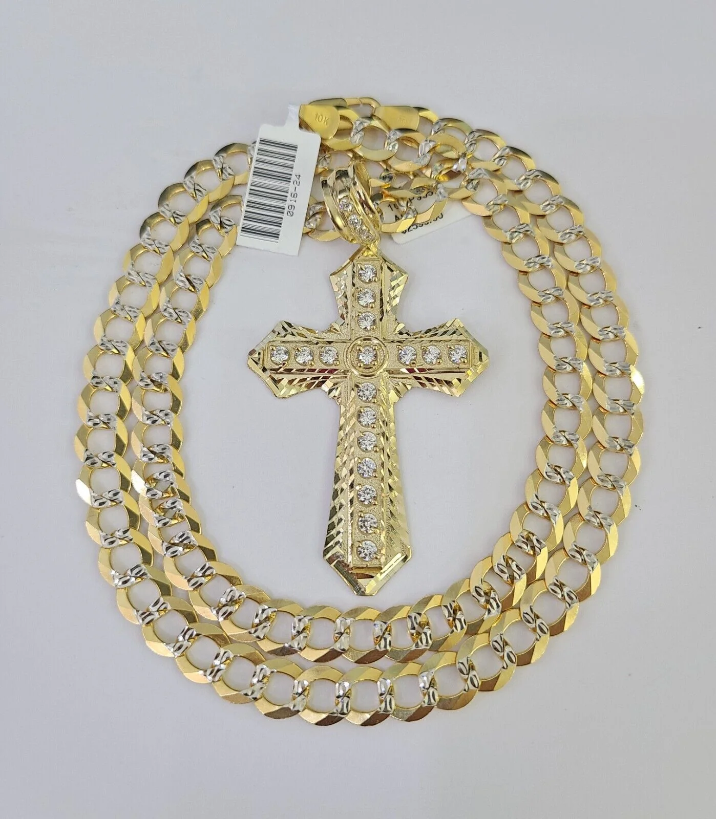 10k Gold Chain Cross Charm Solid Cuban Curb Necklace 9mm 20"-30" Diamond Cut SET - Image 4