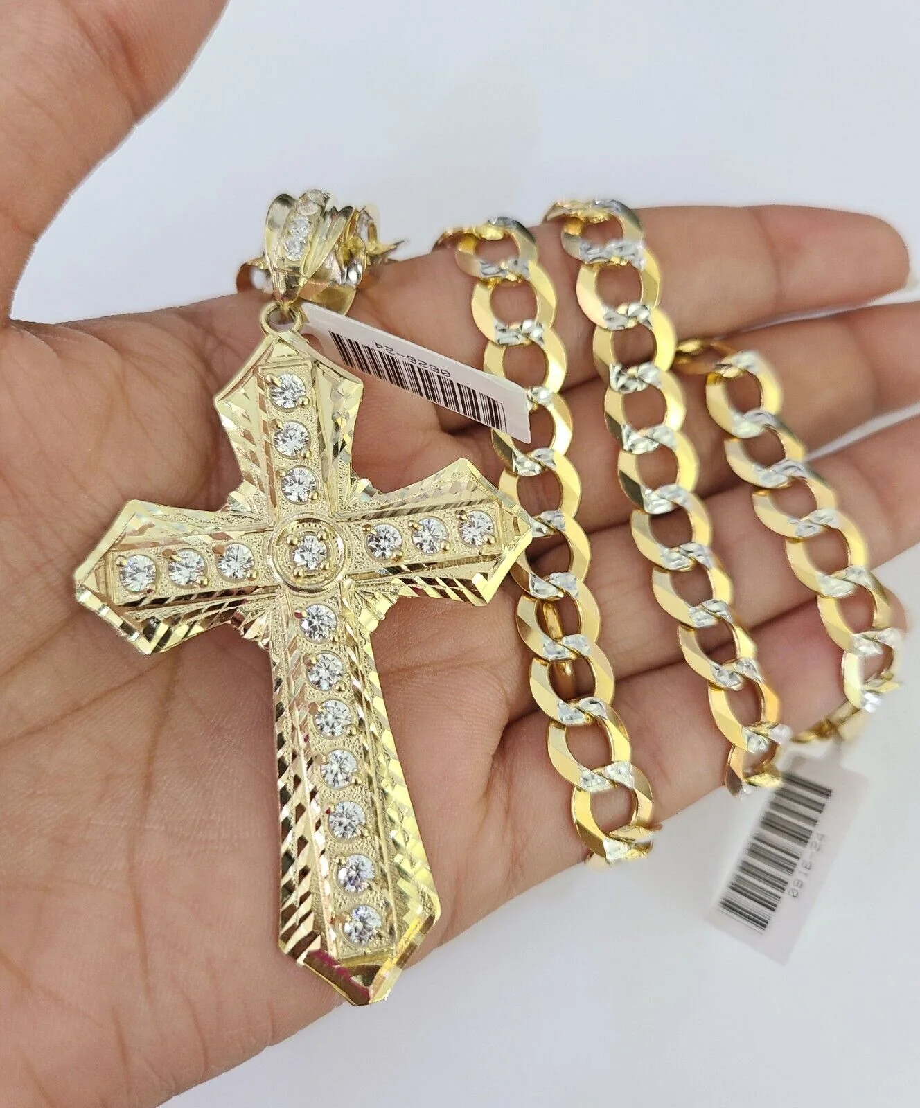 10k Gold Chain Cross Charm Solid Cuban Curb Necklace 9mm 20"-30" Diamond Cut SET - Image 5