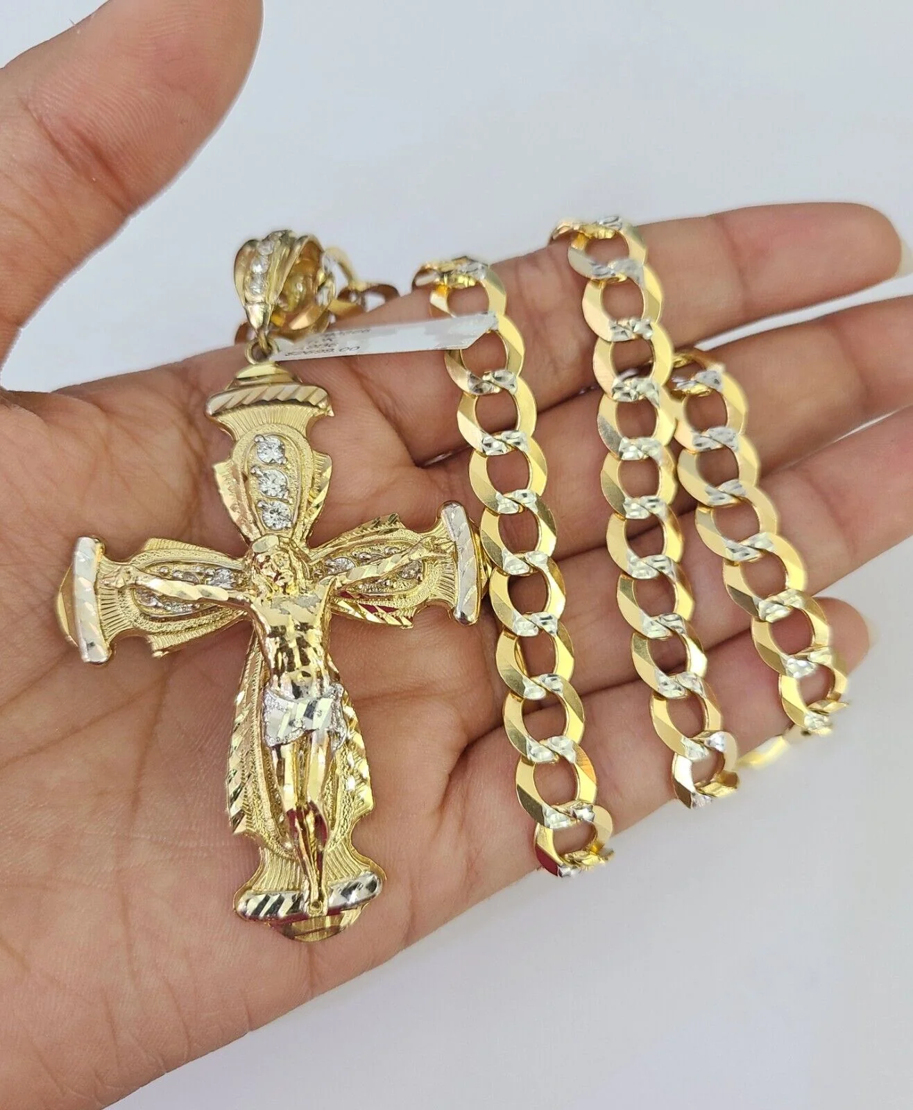 10k Gold Chain Cross Charm Solid Cuban Curb Necklace 9mm 20"-30" Diamond Cut SET - Image 4