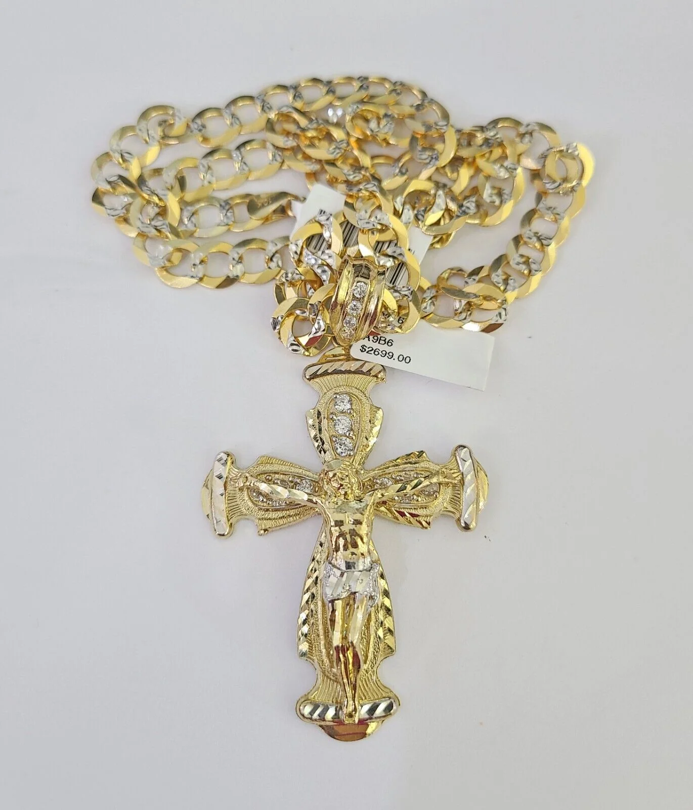 10k Gold Chain Cross Charm Solid Cuban Curb Necklace 9mm 20"-30" Diamond Cut SET - Image 5