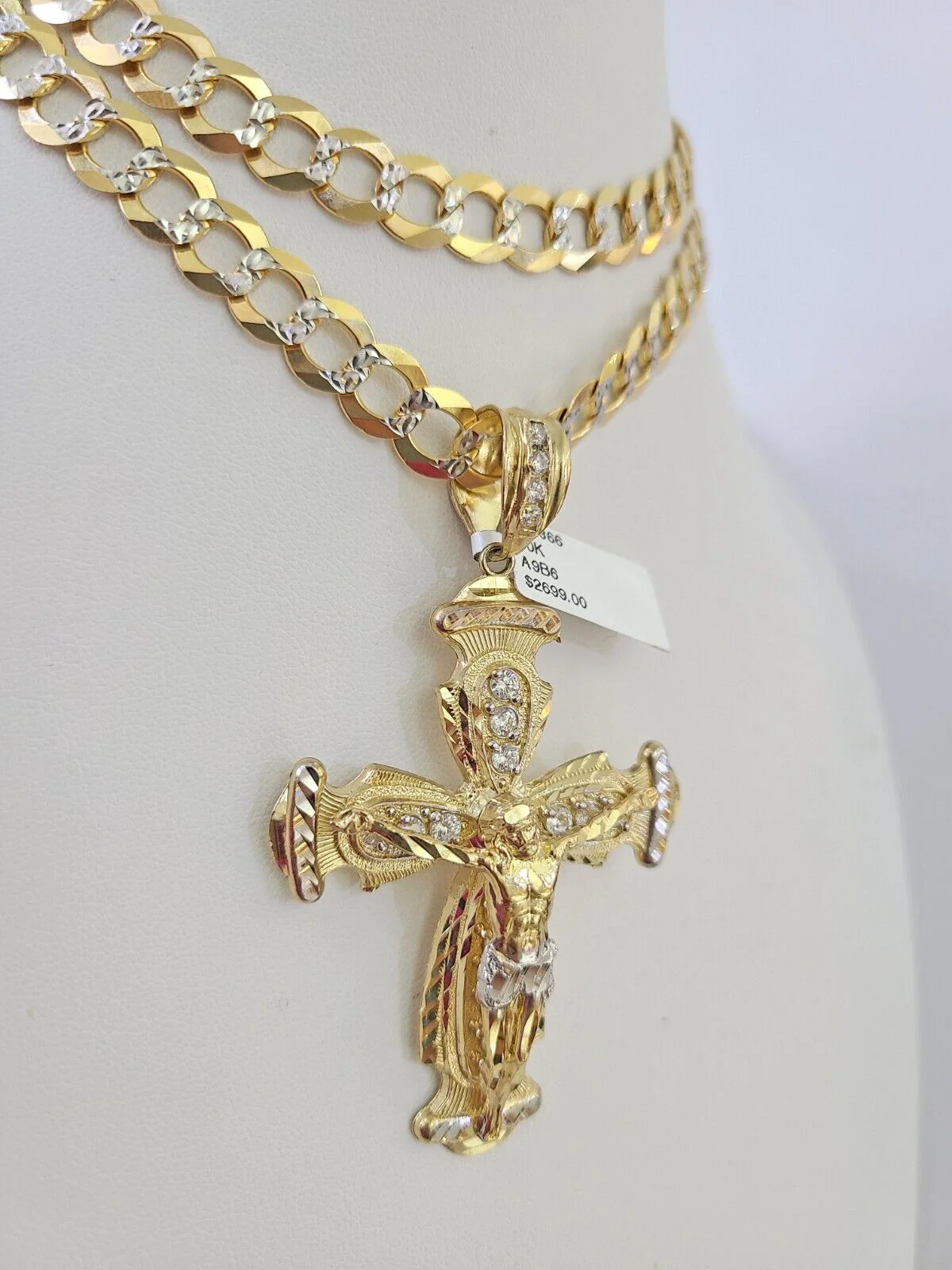10k Gold Chain Cross Charm Solid Cuban Curb Necklace 9mm 20"-30" Diamond Cut SET - Image 6