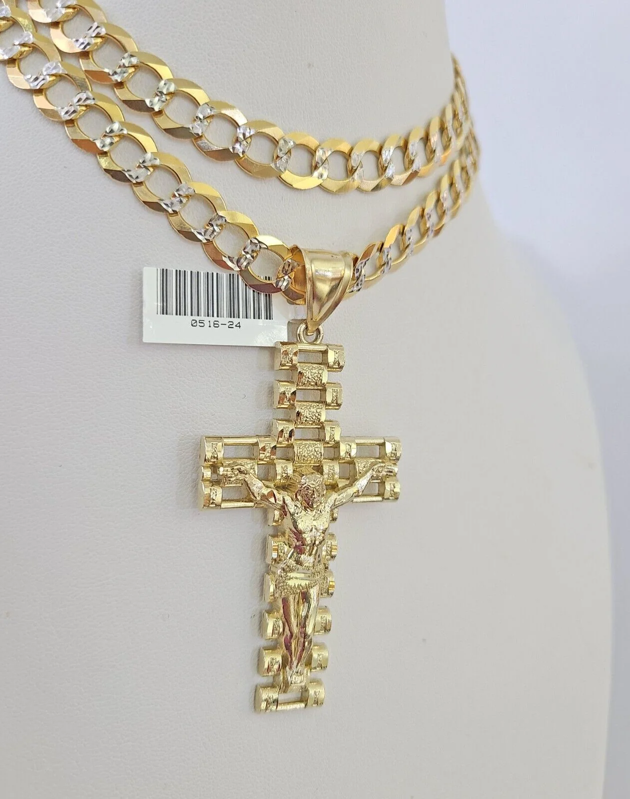 10k Gold Chain Cross Charm Solid Cuban Curb Necklace 9mm 20"-30" Diamond Cut SET - Image 2