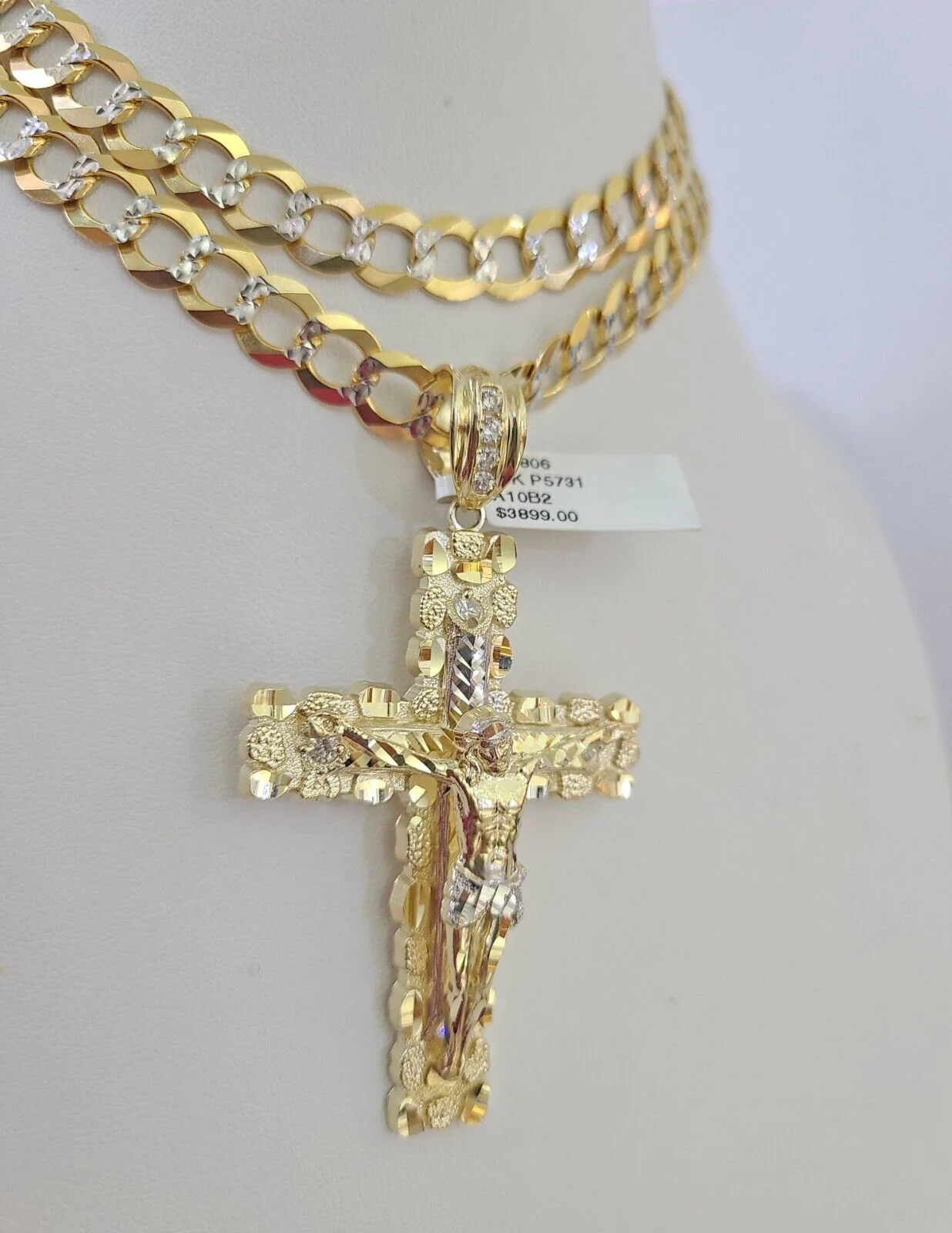 10k Gold Chain Cross Charm Solid Cuban Curb Necklace 9mm 20"-30" Diamond Cut SET - Image 2