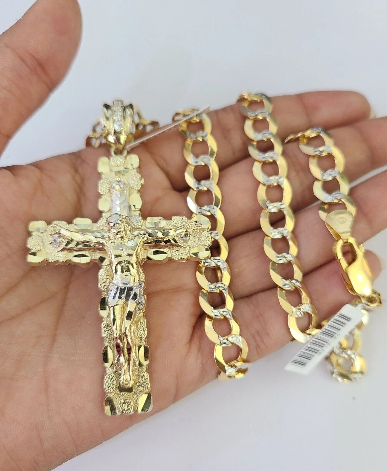 10k Gold Chain Cross Charm Solid Cuban Curb Necklace 9mm 20"-30" Diamond Cut SET - Image 5